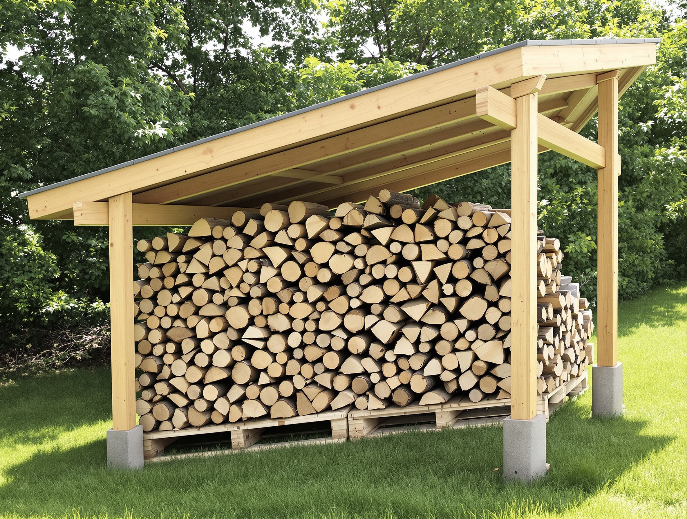 Illustration montrant un abri à bois de chauffage bien conçu, avec une bonne ventilation, surélevé du sol et protégeant le bois des intempéries.