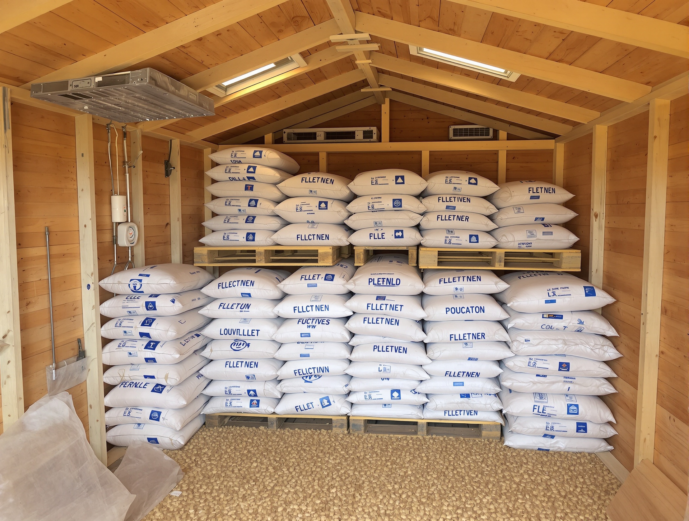 Un abri de jardin aménagé stockage pellets : palettes surélevées, sacs bien protégés