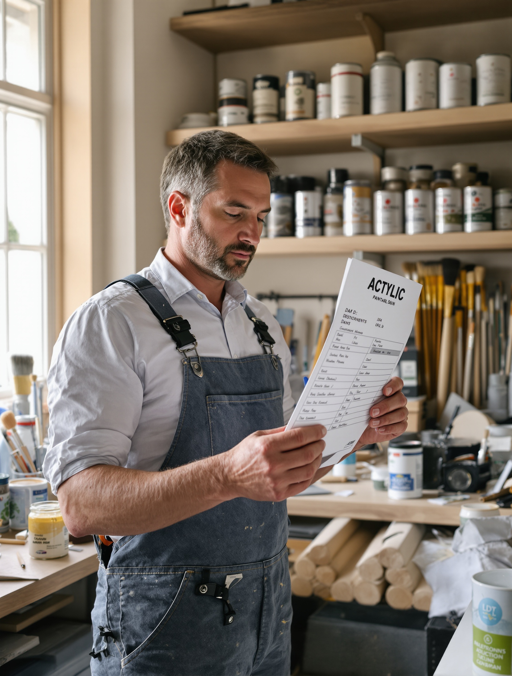 Un artisan peintre lit une fiche technique devant son pot d'acrylique.