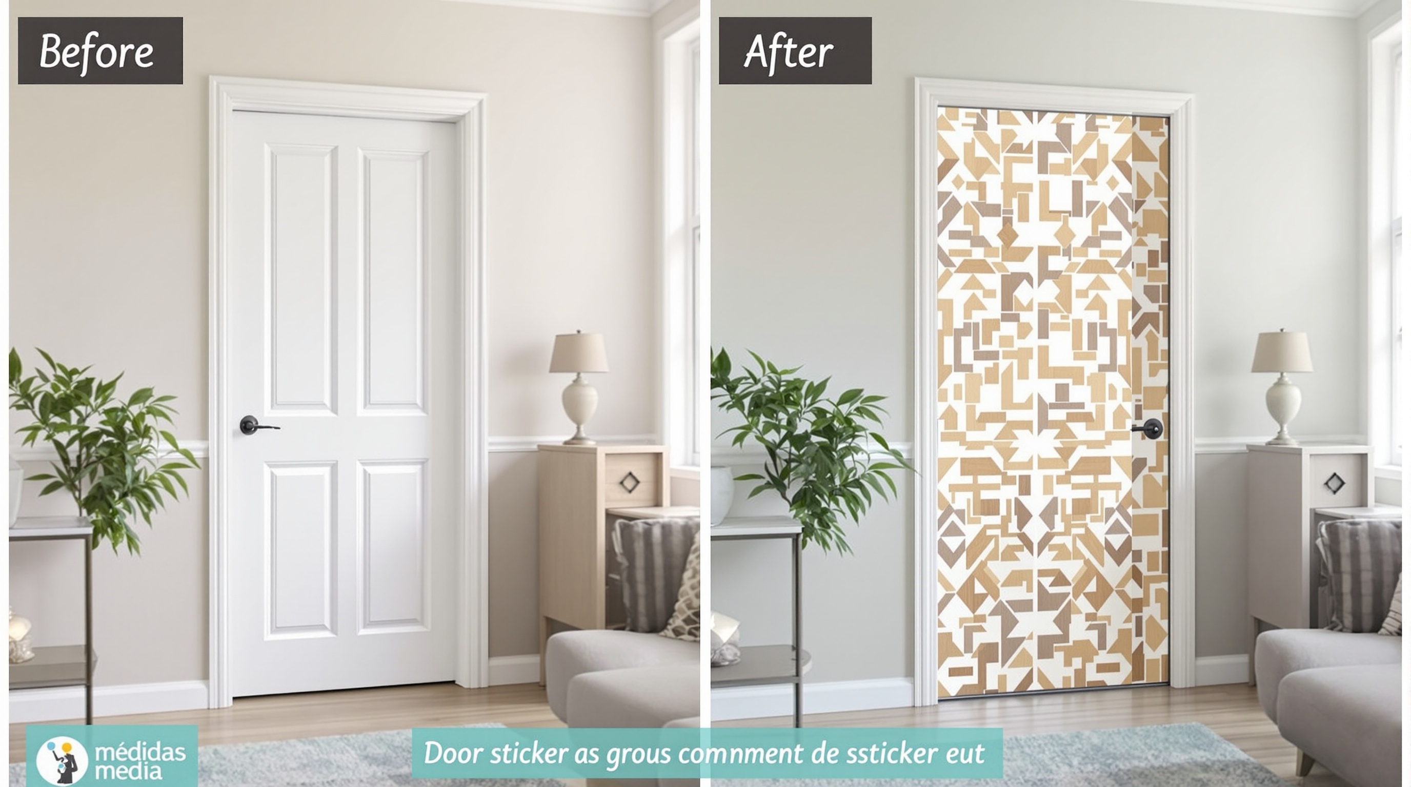 Avant/après porte intérieure personnalisée avec stickers modernes