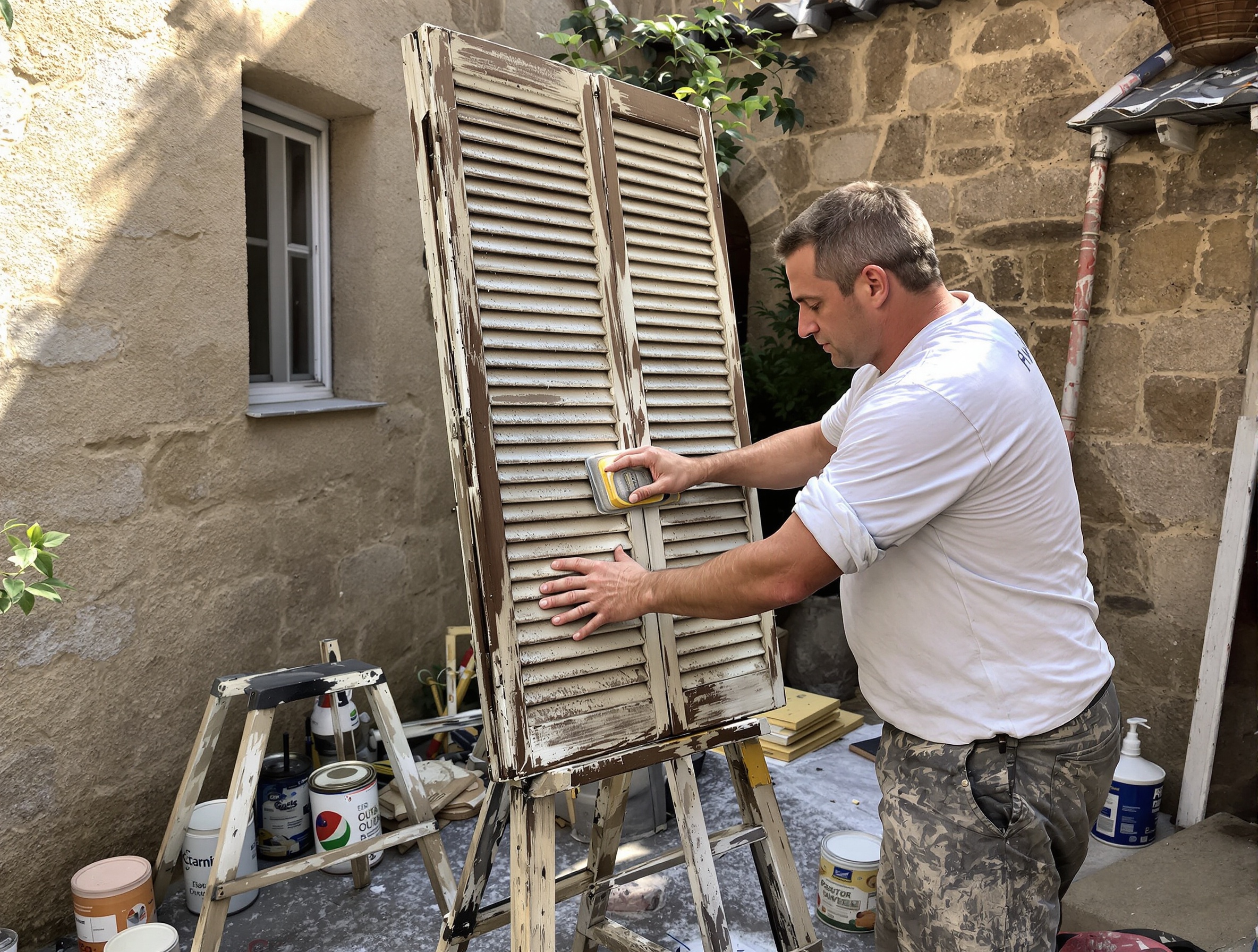 Un bricoleur en sueur ponçant un volet en bois ancien sur tréteaux.
