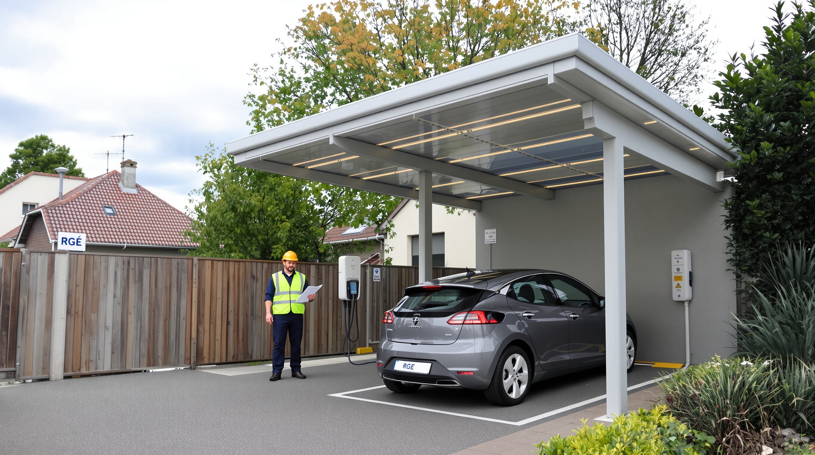 Carport solaire contemporain avec borne de recharge pour voiture électrique