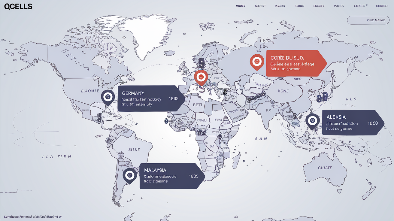 Carte des usines de fabrication des panneaux solaires Qcells : Allemagne, Corée, Malaisie et Chine
