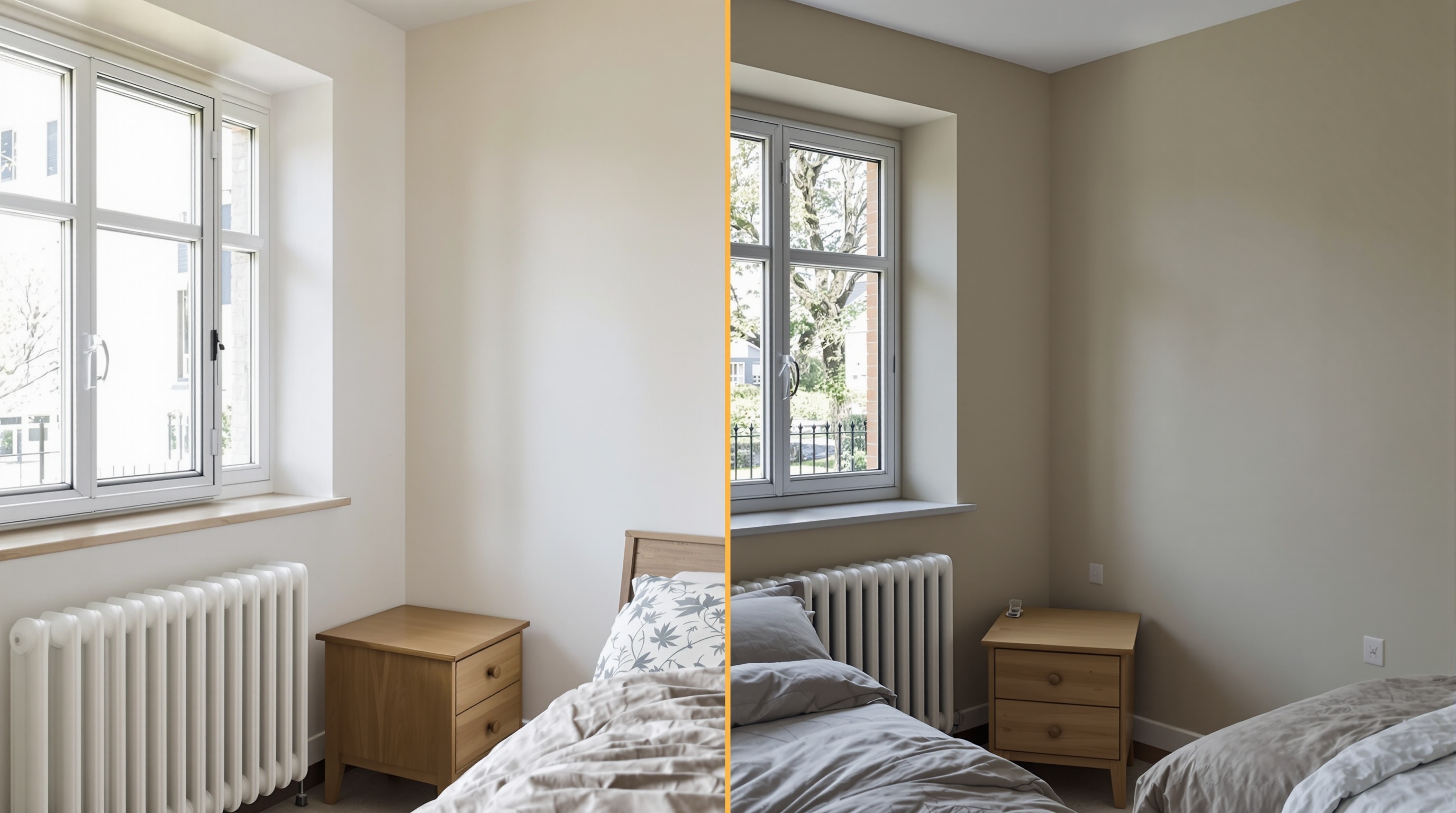 Avant/après application d'une peinture anti-condensation sur un mur nord d'une chambre.