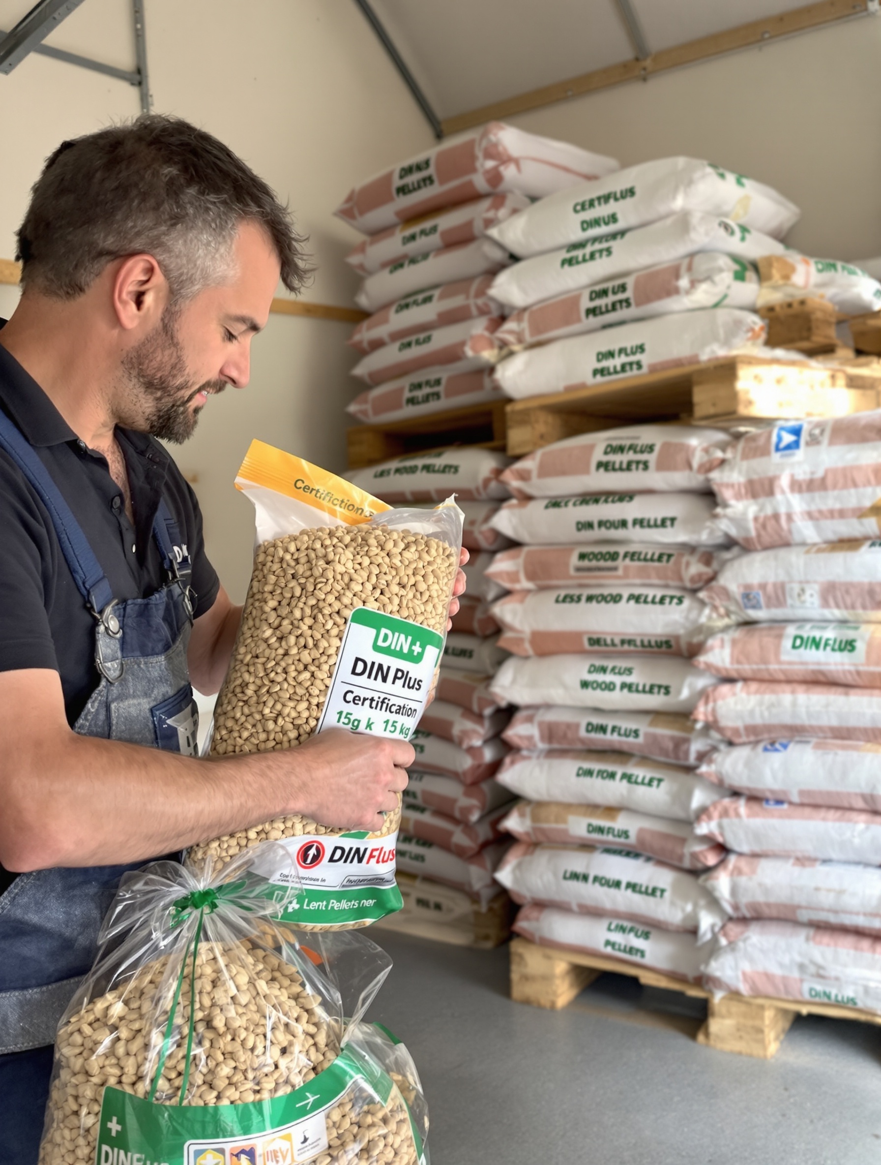 Vérification qualité granulés DINplus en palette dans un garage