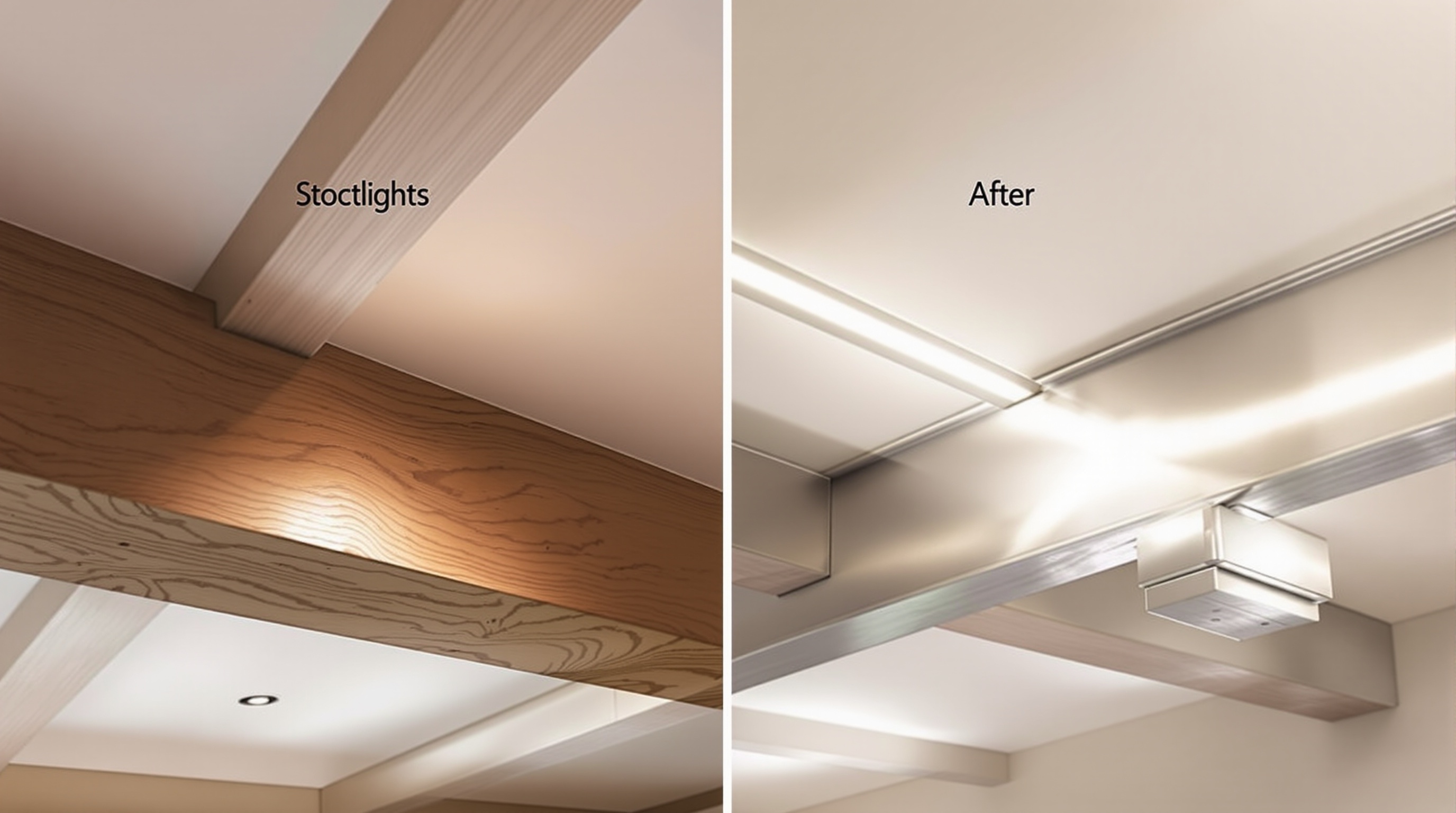 Comparaison visuelle entre spots LED discrets et bandeau LED indirect sur poutres apparentes en bois et métal