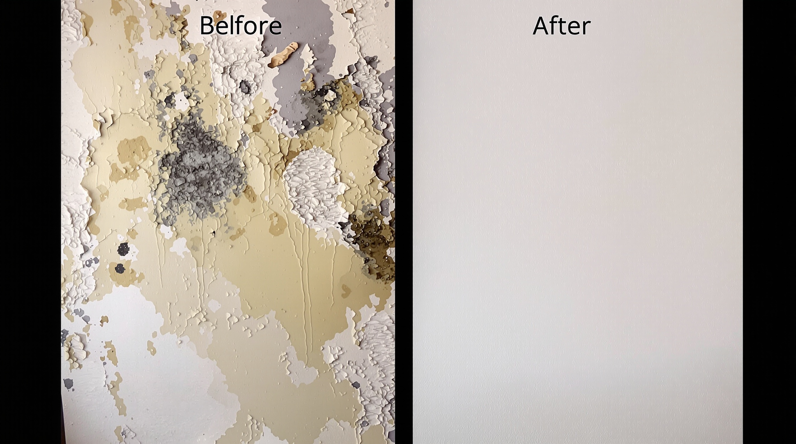 Comparaison visuelle avant/après : mur dégradé par salpêtre/moisissures versus même mur assaini.