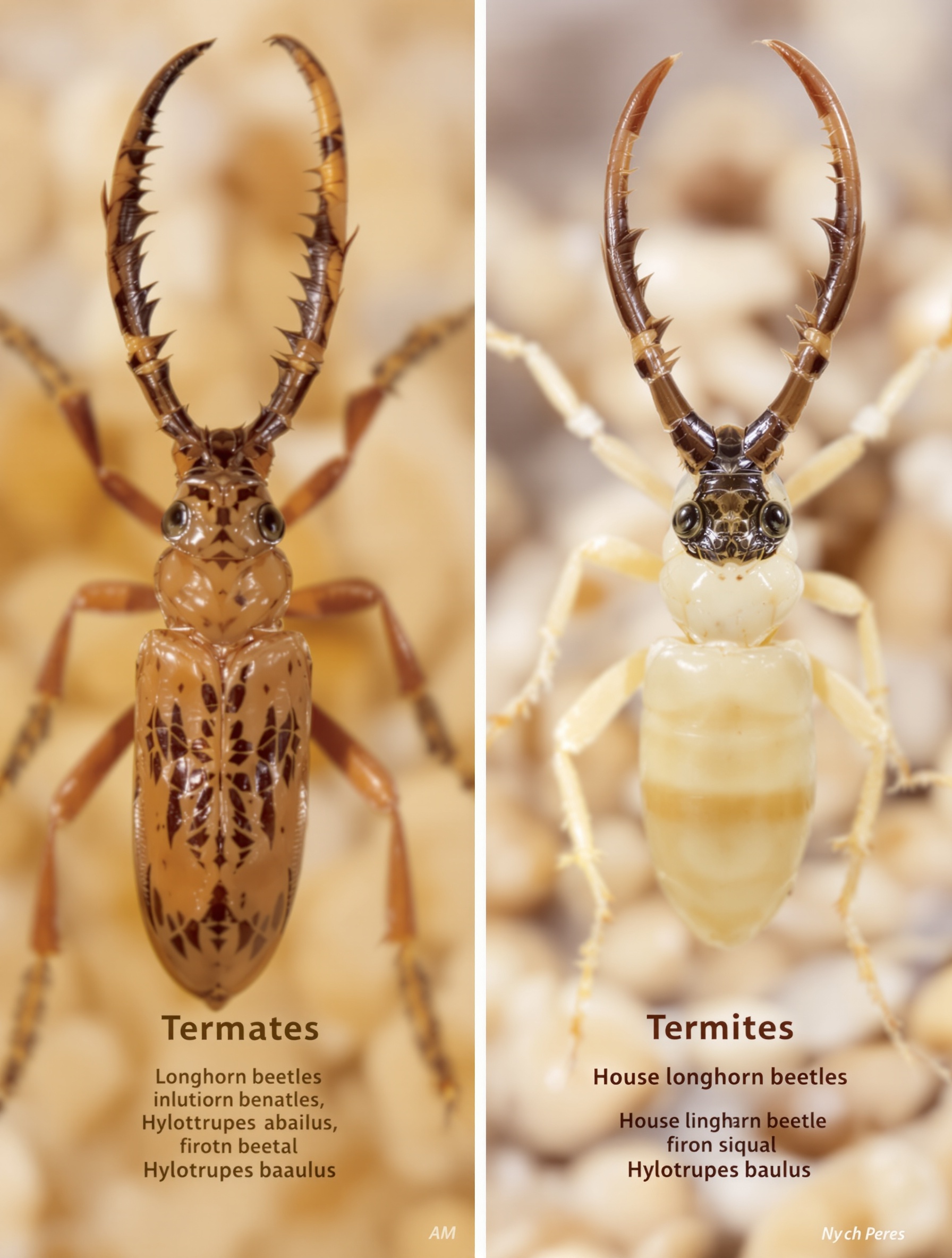 Photographie comparative montrant l'apparence du capricorne des maisons (Hylotrupes bajulus) et des termites, avec des descriptions courtes de leurs spécificités.
