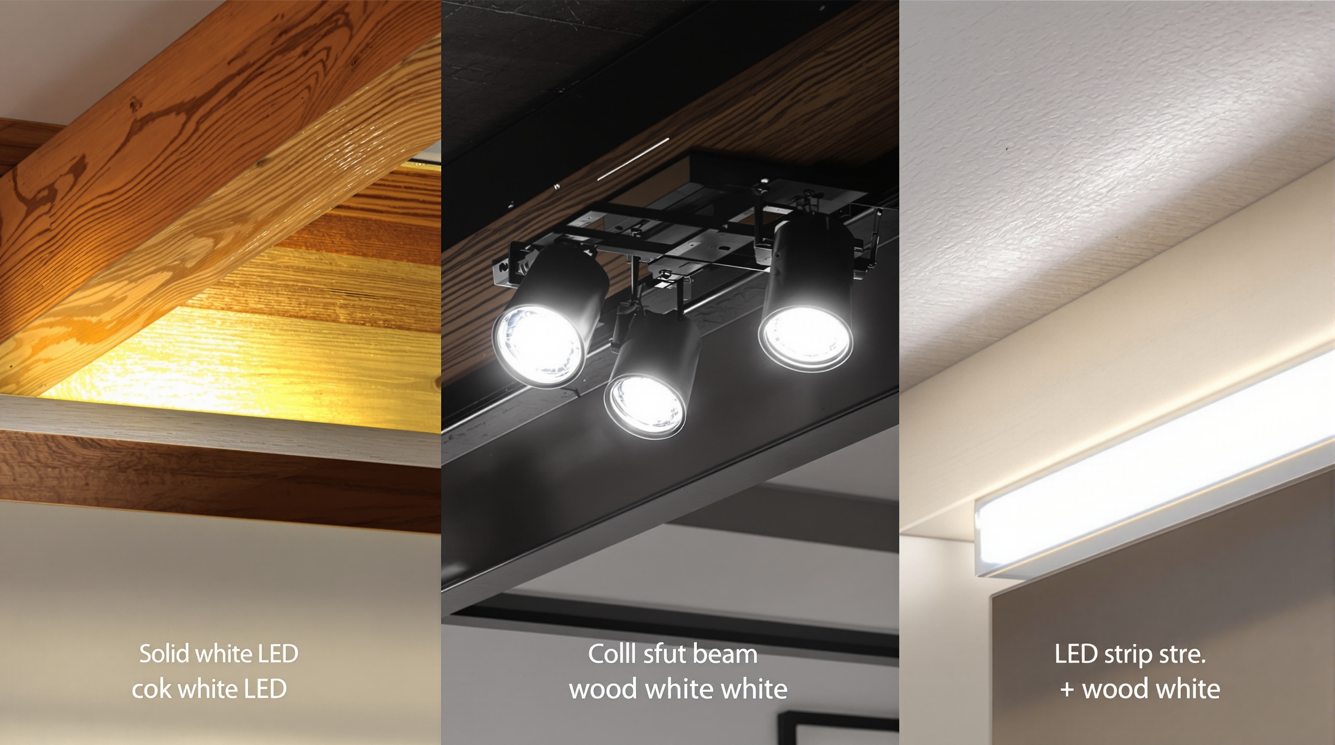 Comparatif visuel : éclairage LED blanc chaud sur poutre chêne massif, spots lumière froide sur poutre métallique noire, bande LED blanc neutre sur poutre peinte blanc bois