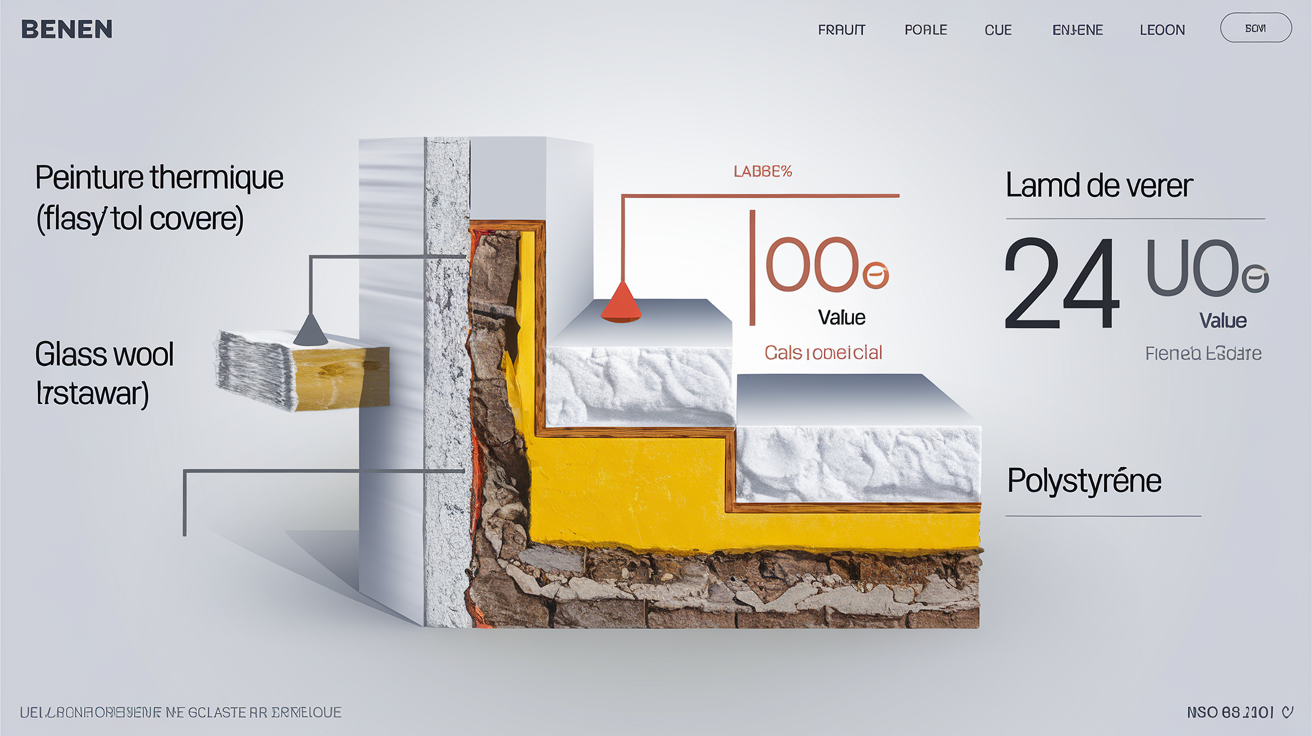 Comparatif visuel coupe mur peinture thermique laine de verre polystyrène valeur lambda norme ISO 8301