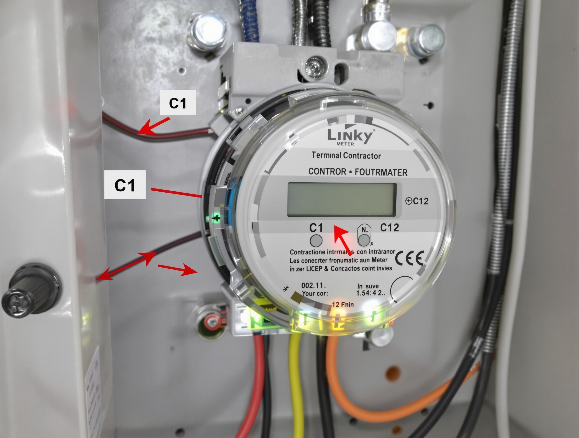 Compteur Linky ouvert simplicité branchement bornes C1 et C2
