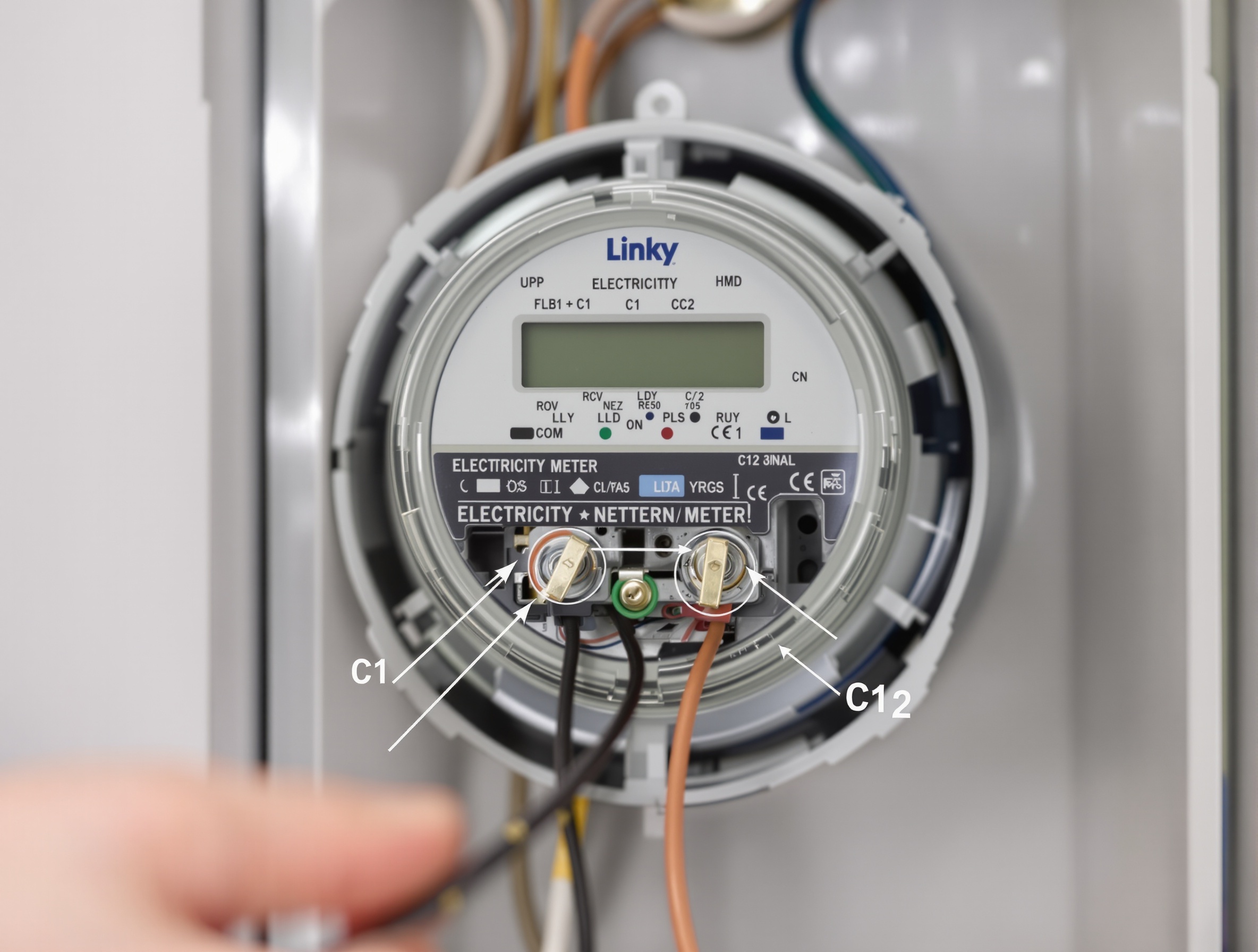 Bornes C1 et C2 du compteur Linky prêtes à l'emploi