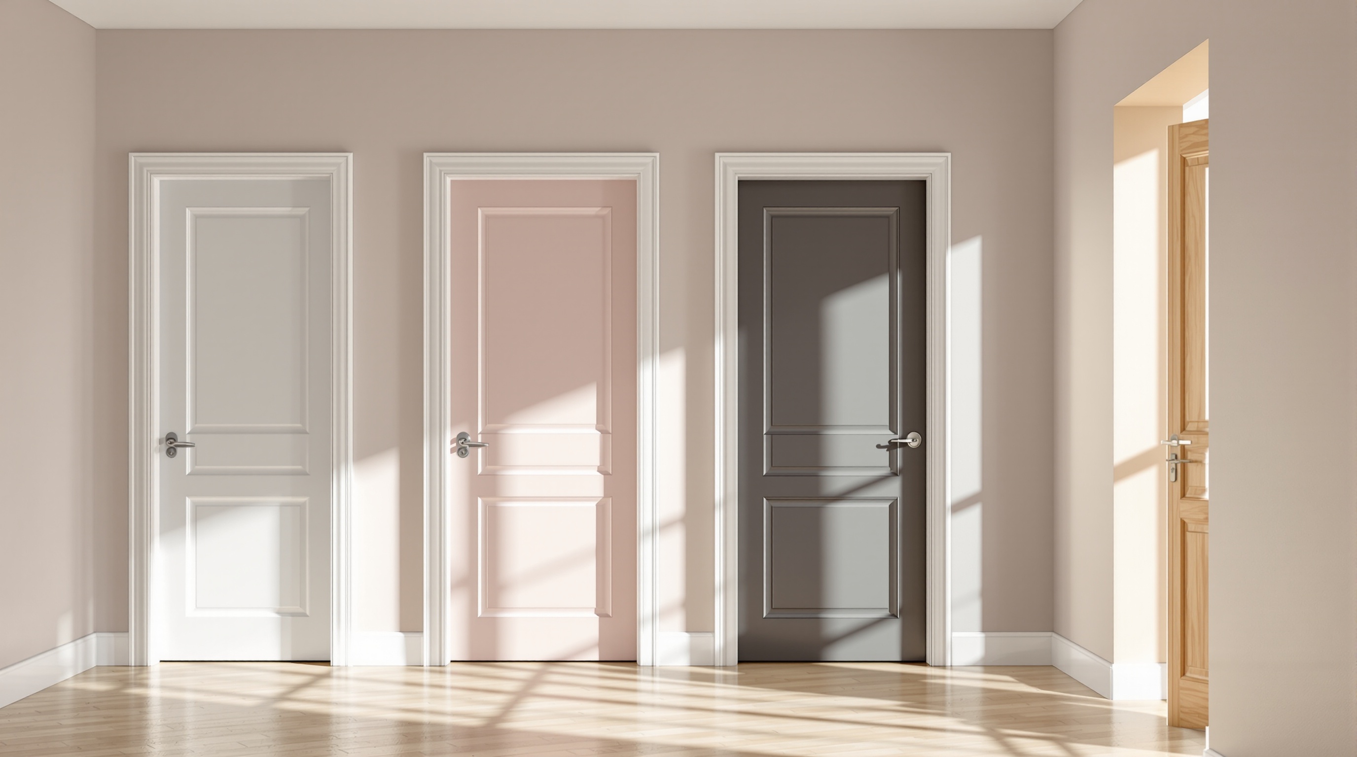 Couloir contemporain avec portes intérieures de couleurs différentes