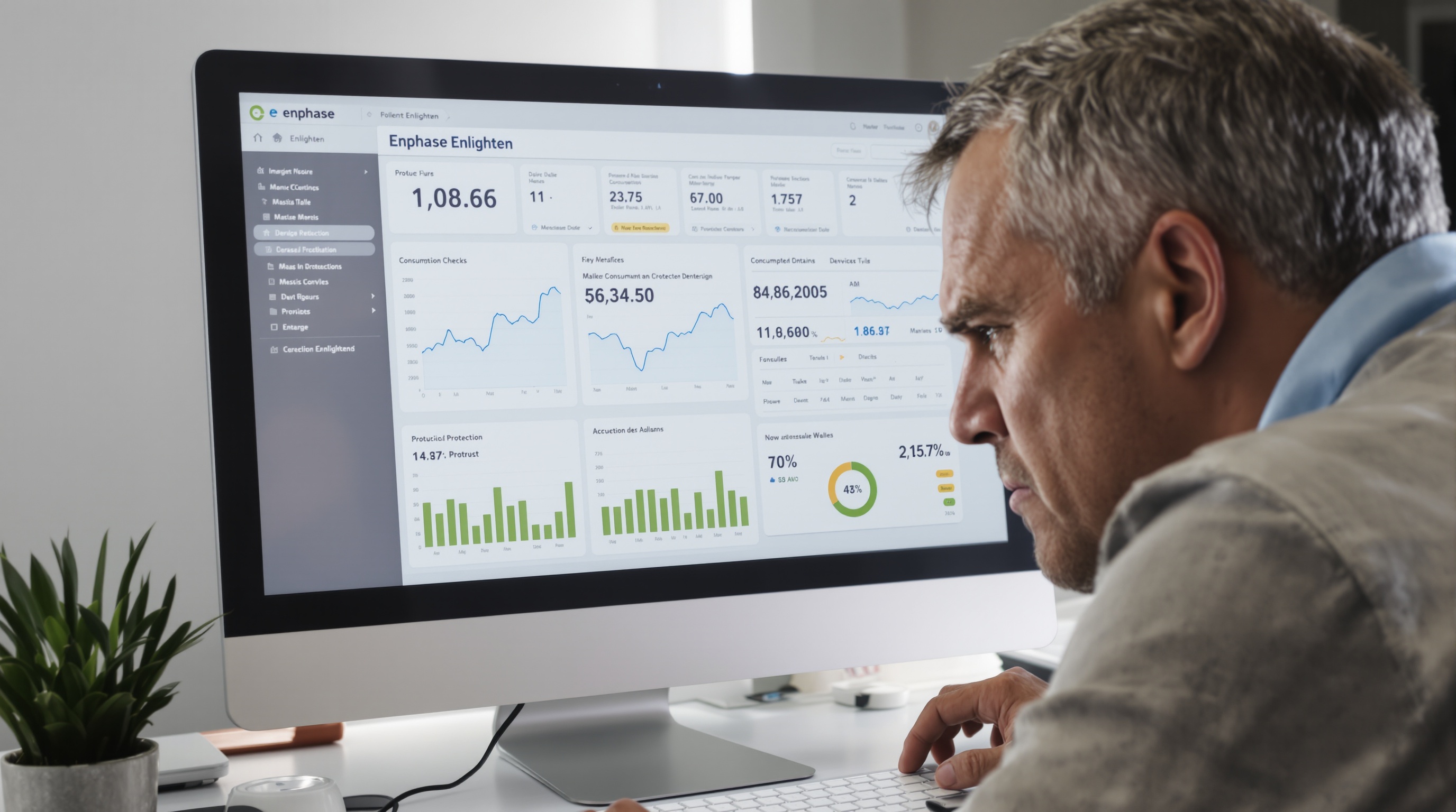 Tableau de bord professionnel Enphase Enlighten avec métriques détaillées et utilisateur dubitatif