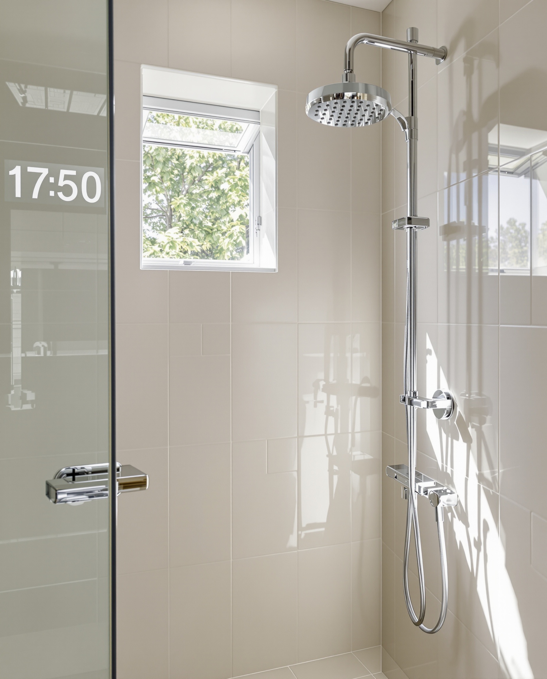 Douche moderne lumineuse avec petite fenêtre laissant entrer la lumière naturelle