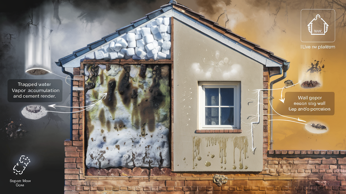Effets désastreux du polystyrène et du ciment sur un mur humide : vapeur bloquée/moisissure/condensation/dégradations opposées à un mur traité sainement à la chaux.