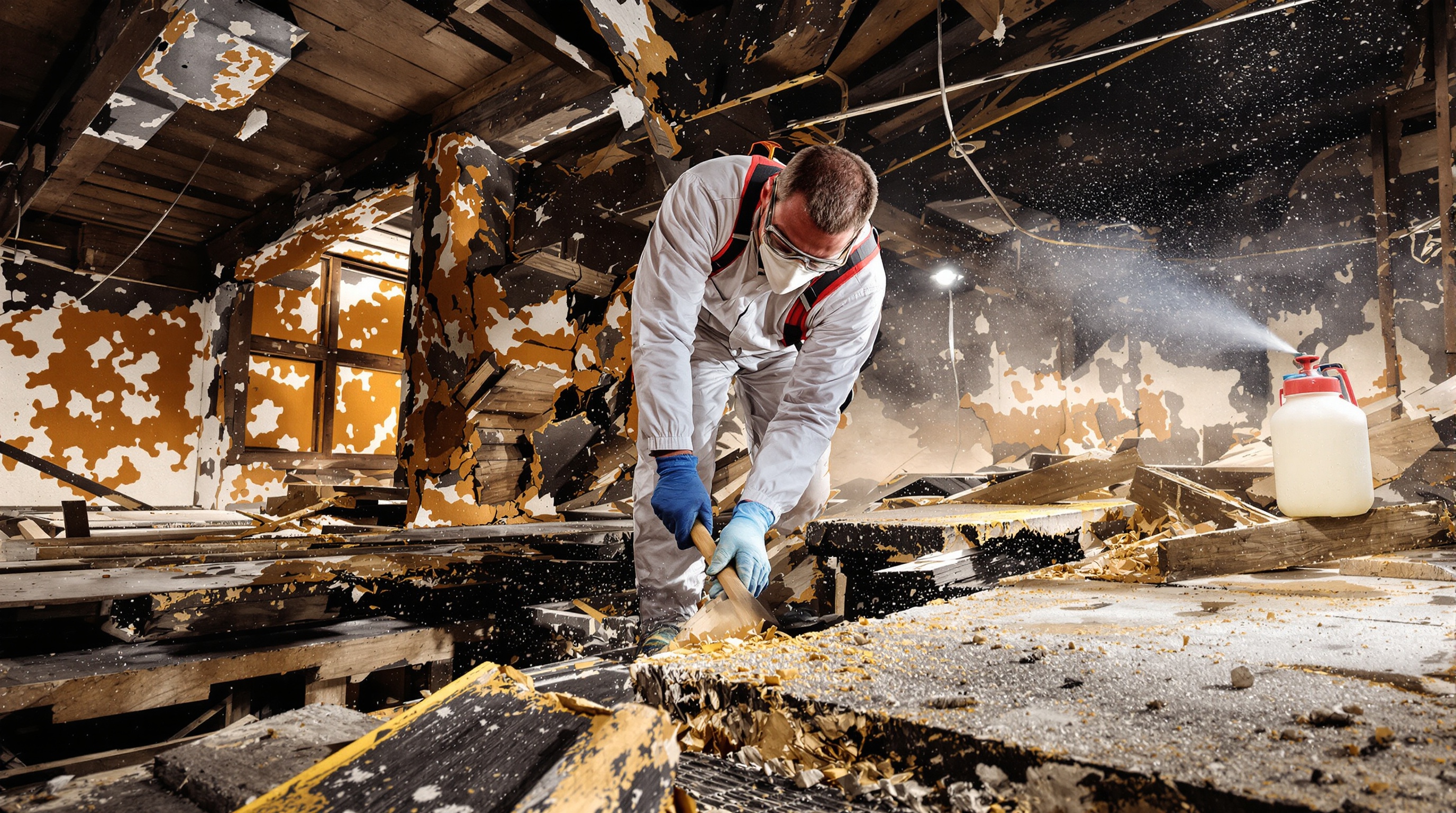 Chantier éradication mérule : bois pourri retiré, traitement puissant en cours.