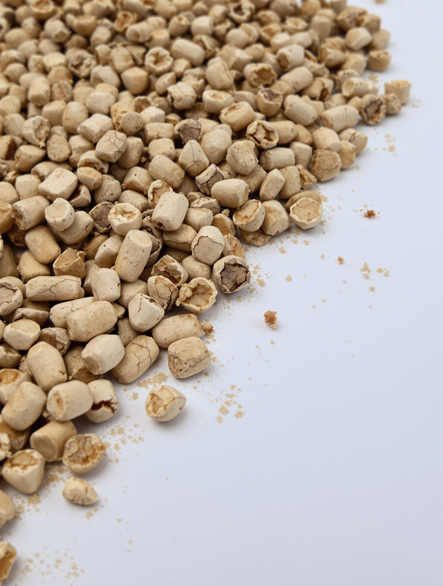 Exemple visuel de pellets de mauvaise qualité montrant une forte présence de poussière et une hétérogénéité des granulés.