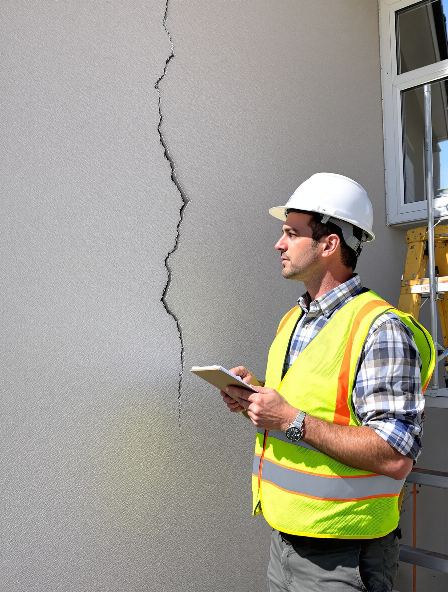 Un expert bâtiment diagnostique une fissure horizontale sur mur extérieur