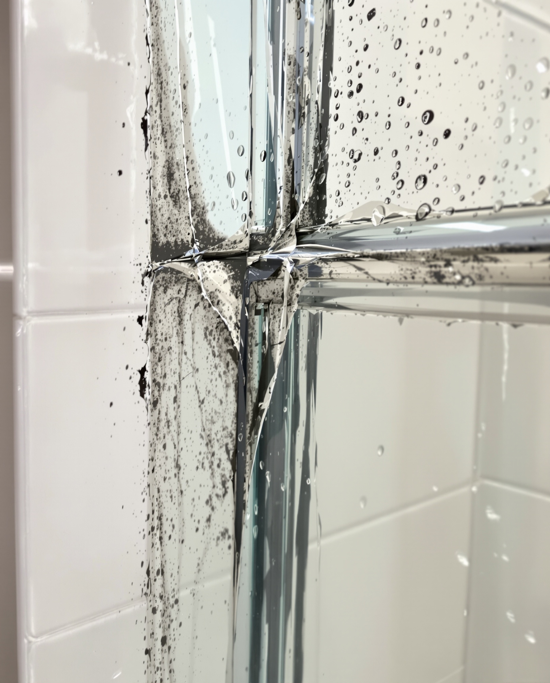 Fenêtre de douche : joints fatigués, condensation et moisissure autour du cadre