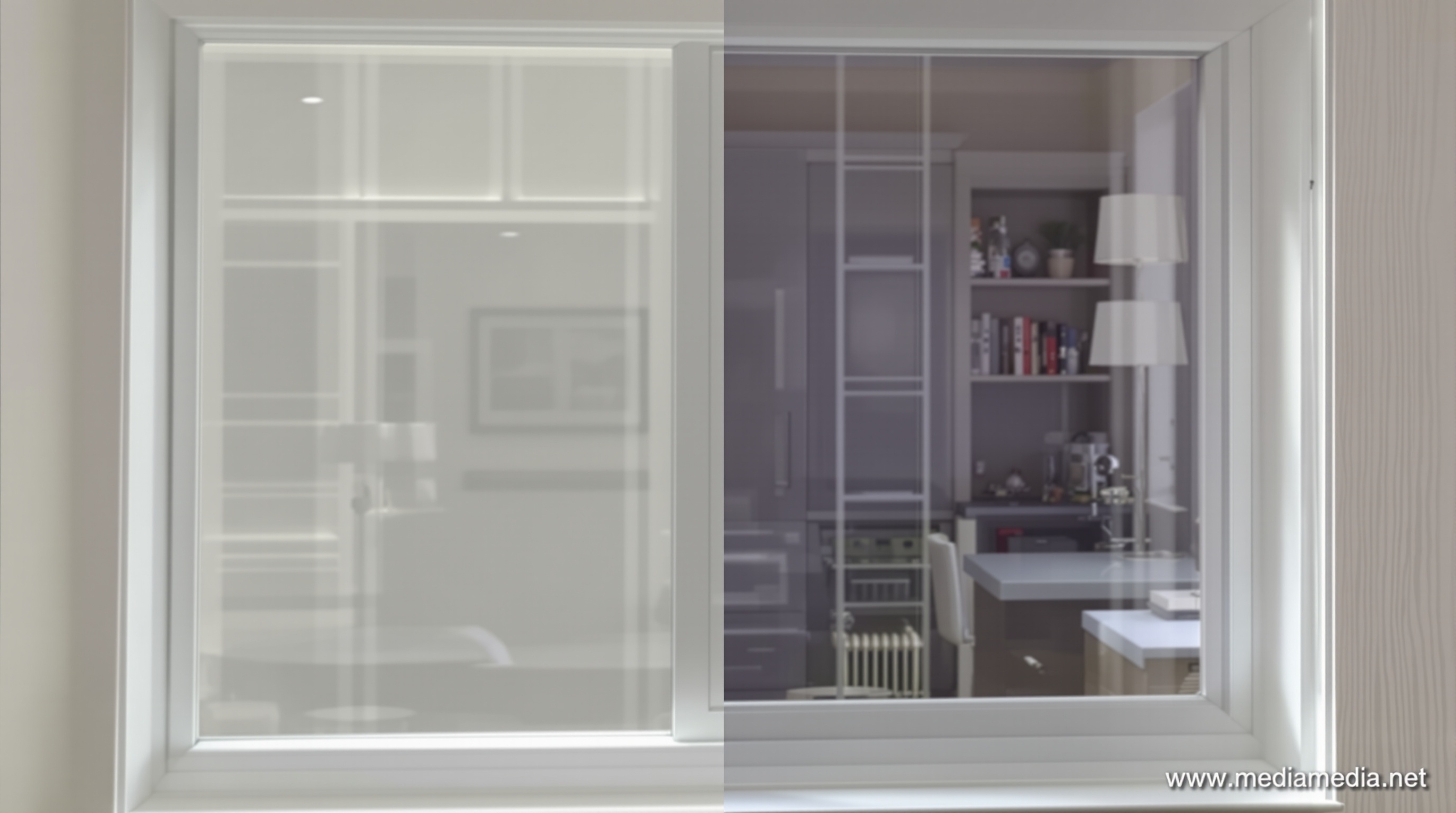 Fenêtre équipée d'un film thermique, illustrant l'aspect visuel du film après pose.