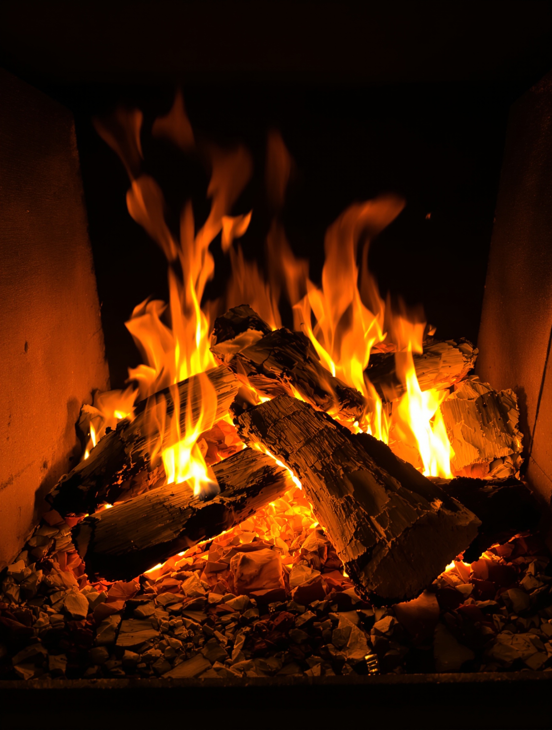 Exemple visuel d'une combustion idéale dans un poêle à bois, avec des flammes vives et une bonne évacuation des fumées.