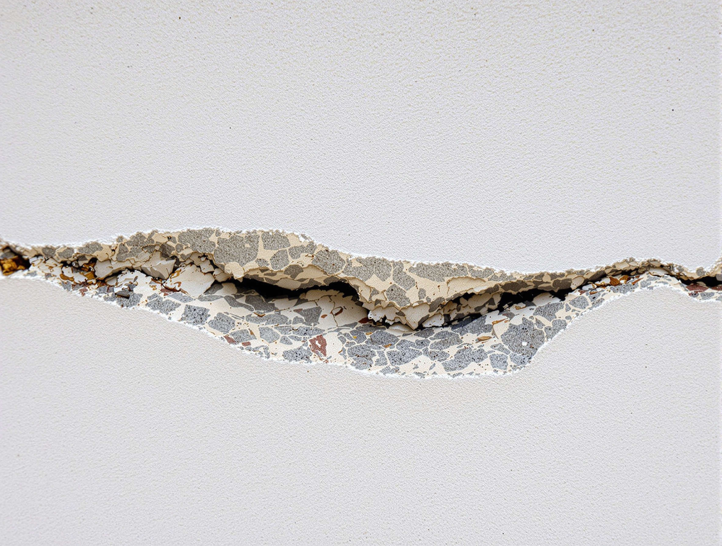 Gros plan sur une fissure horizontale traversante sur un mur extérieur de maison, montrant les signes d'affaiblissement de la maçonnerie et la potentielle dégradation de la structure.