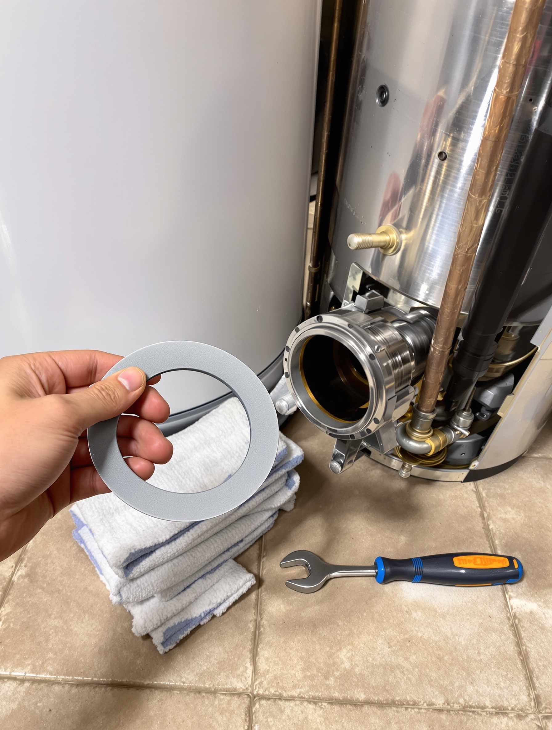 Main tenant un joint de bride neuf devant un chauffe-eau entrouvert avec outils.