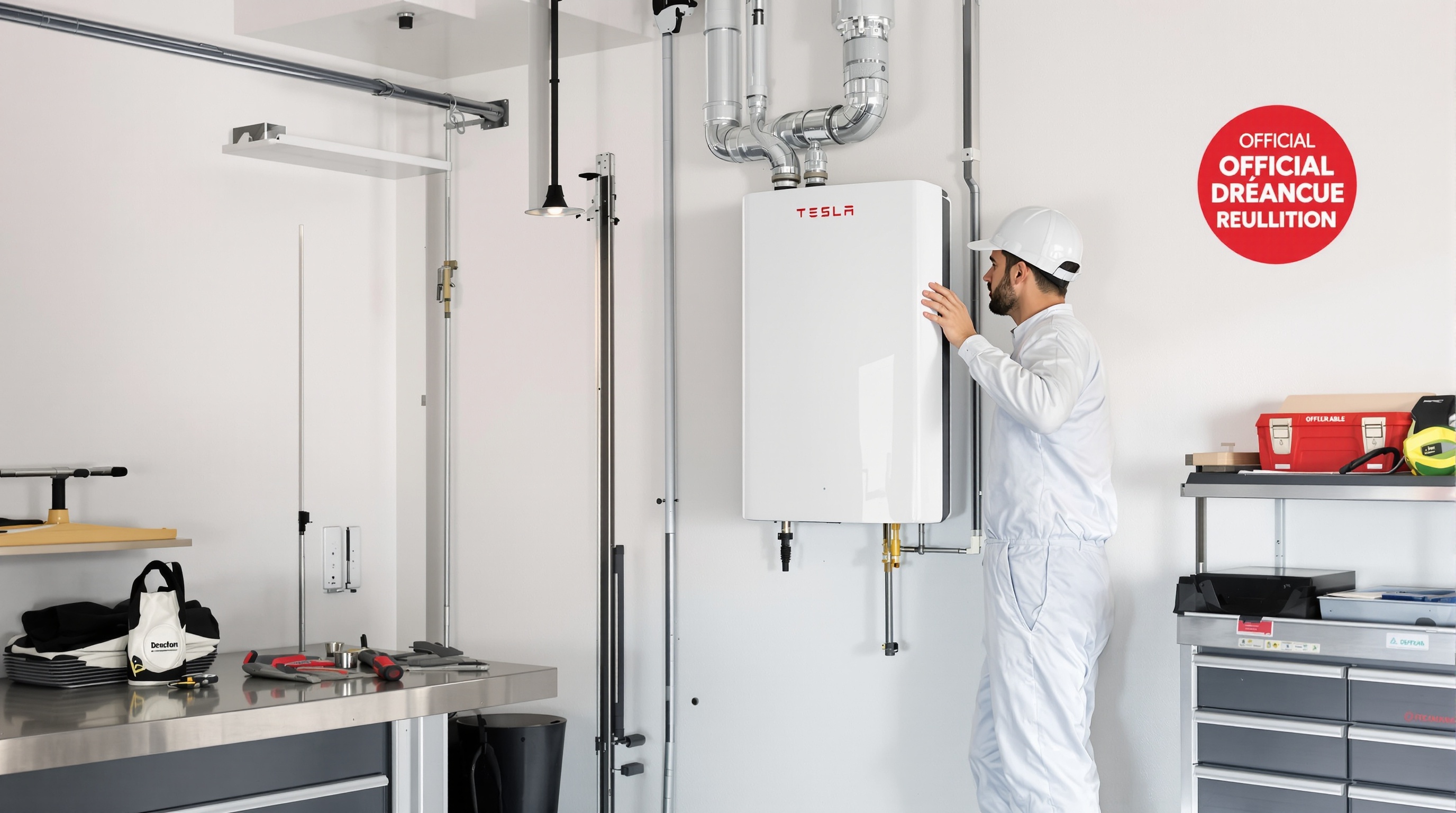 Installateur RGE posant une Tesla Powerwall 3 dans un garage moderne français