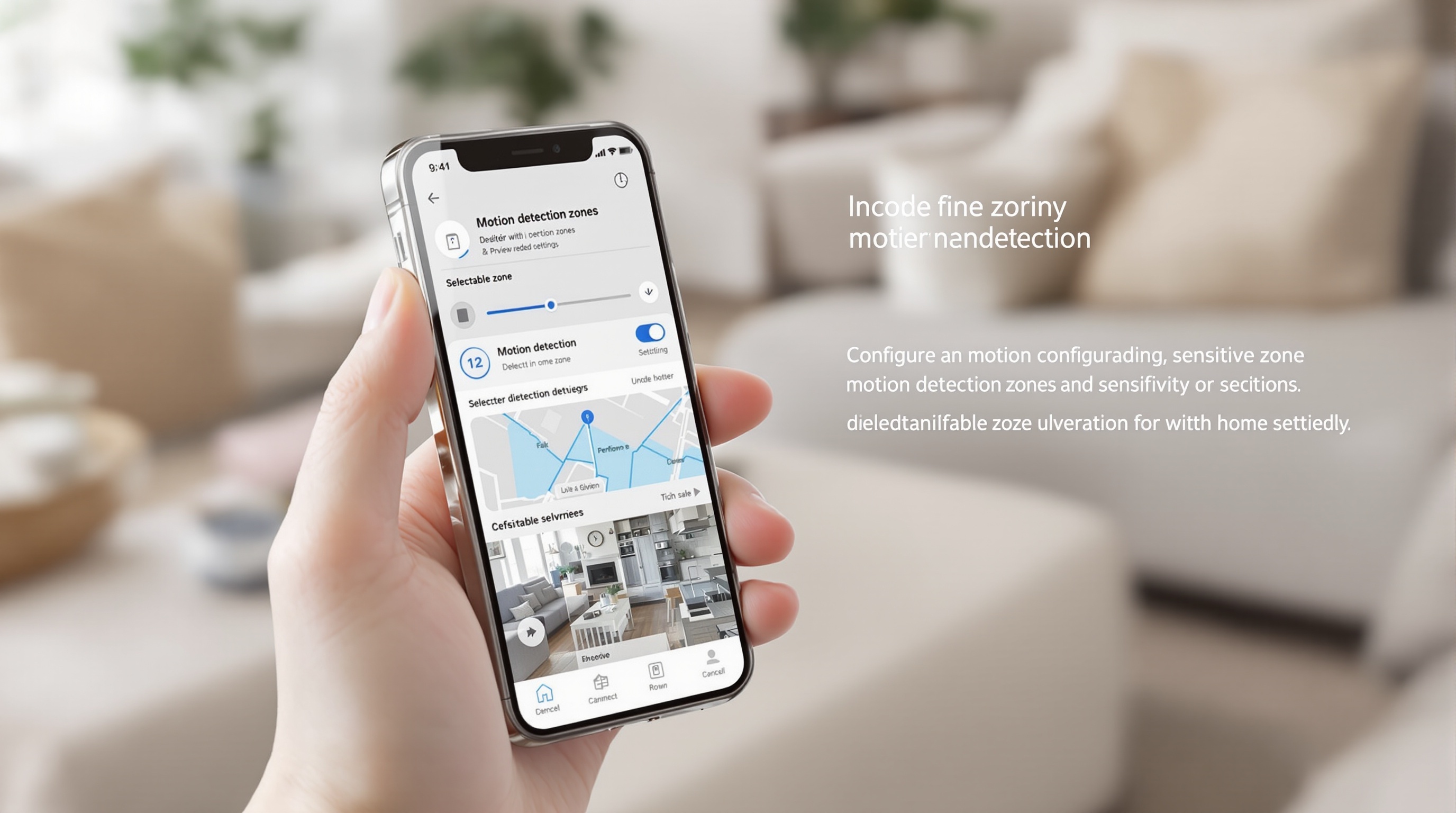 Interface d'une application de caméra de surveillance montrant la configuration des zones et sensibilité de détection.