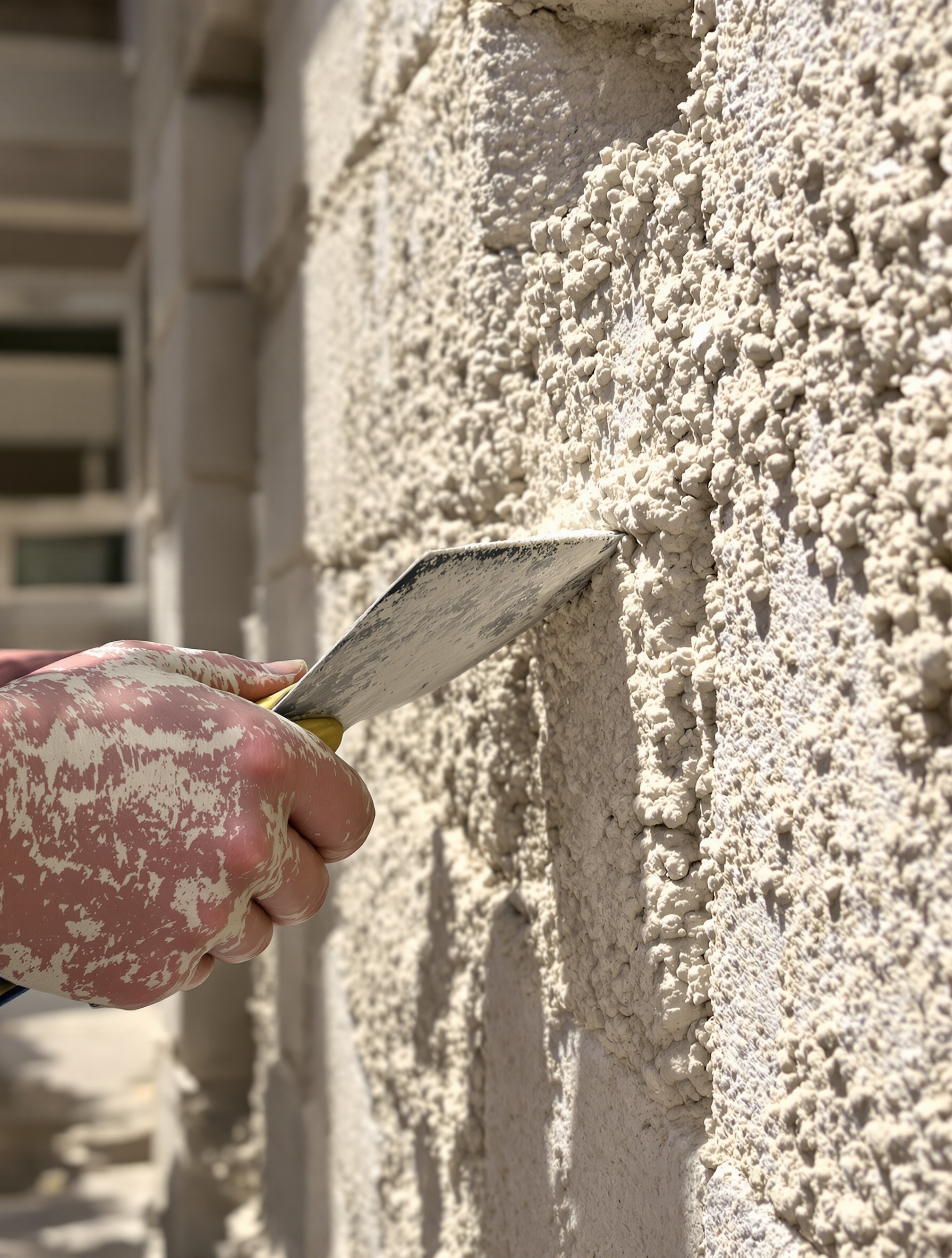 Maçon appliquant gobetis ciment sur mur de parpaing