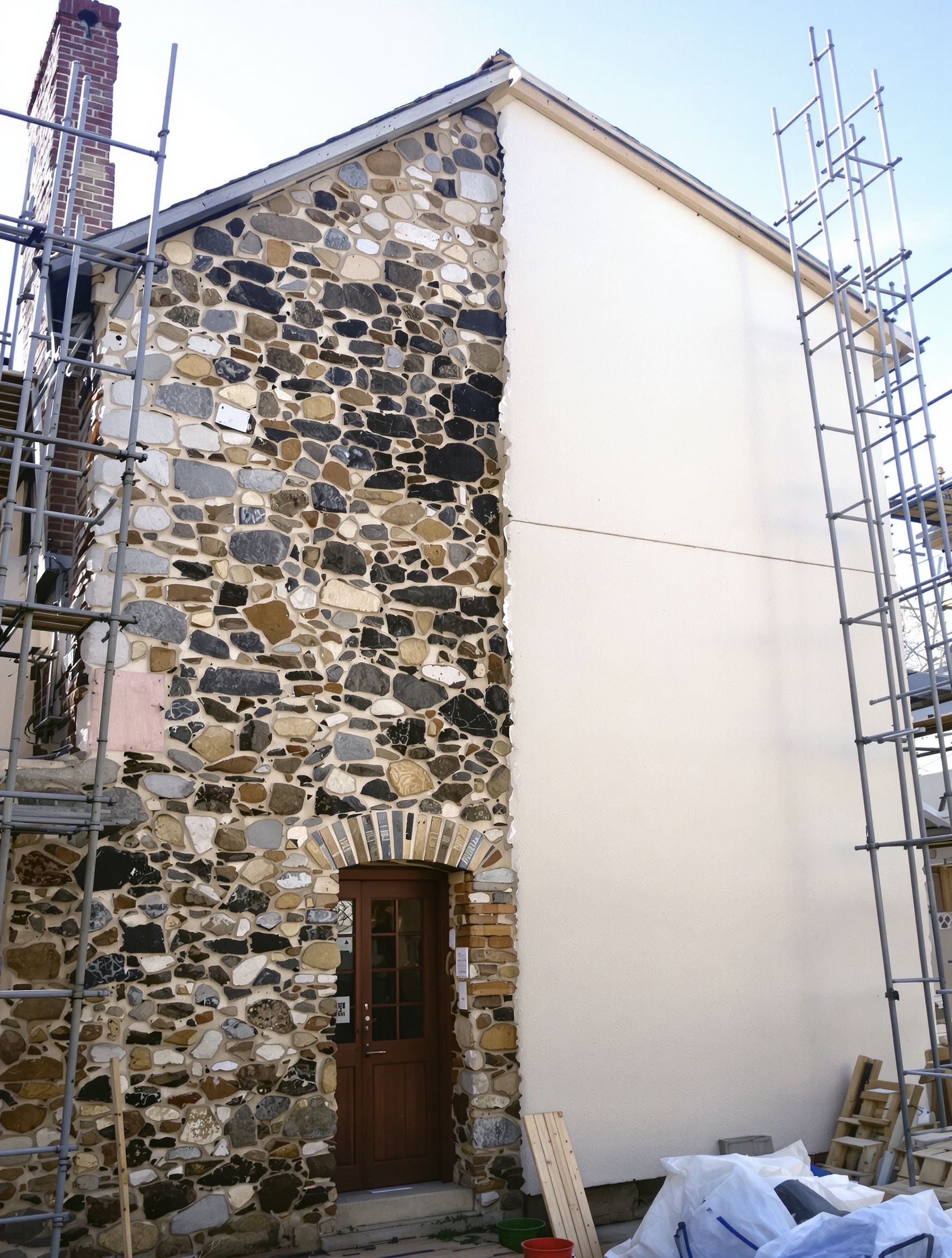 Façade maison en pierre avec isolation extérieure et bardage