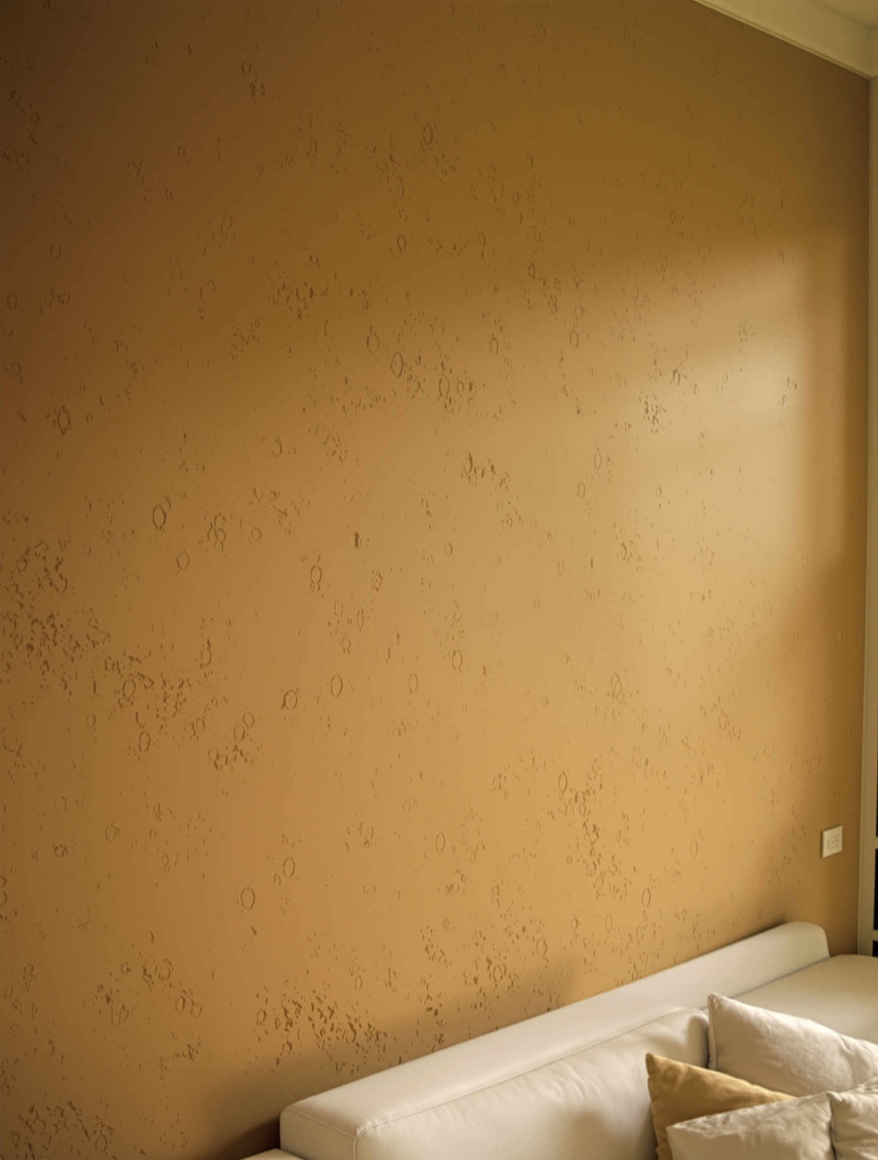 Exemple d'un mur intérieur traité avec un enduit perspirant à base de terre crue, démontrant l'aspect esthétique et sain de ce type de revêtement, idéal pour laisser les murs 'respirer'.