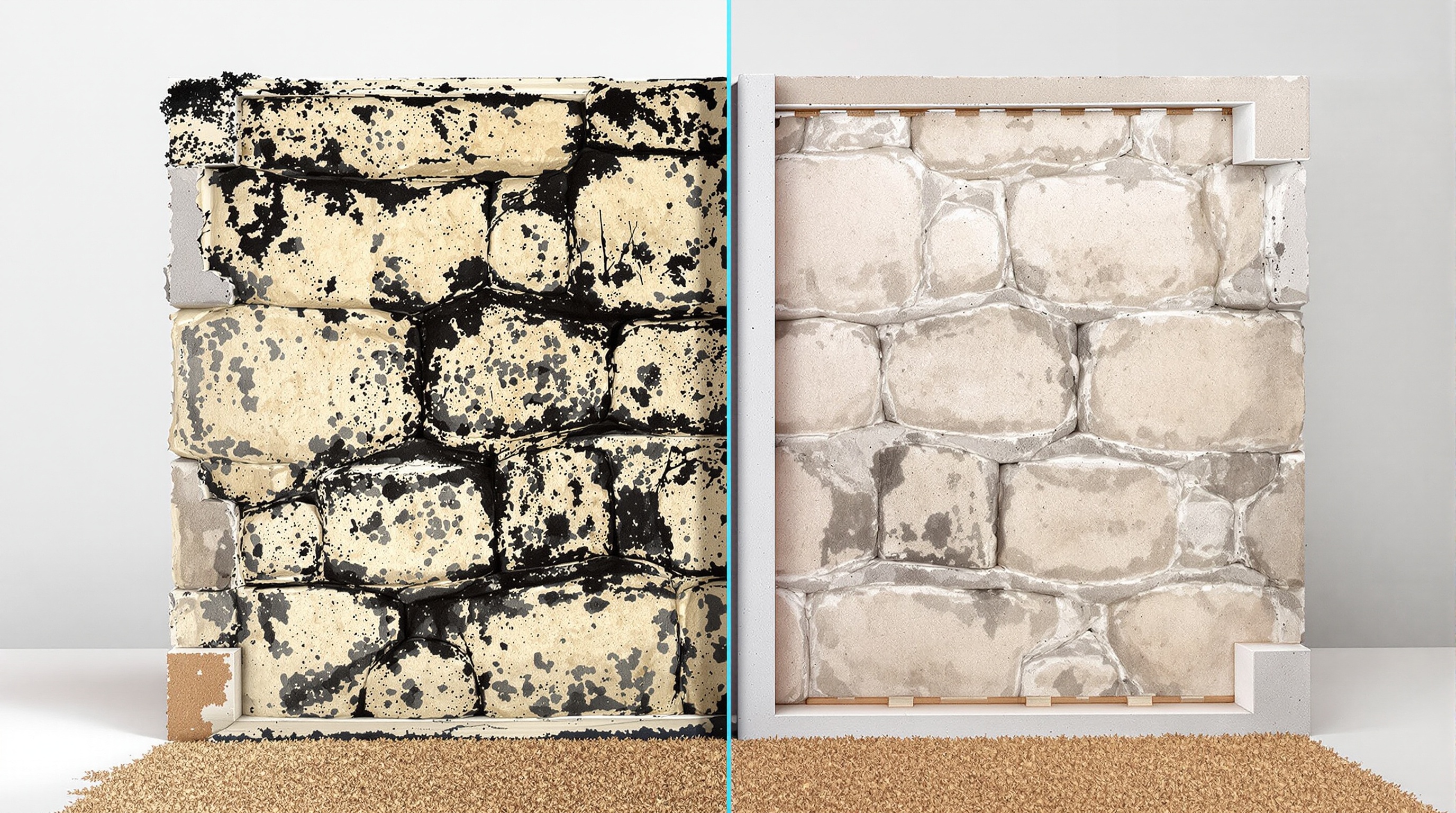 Comparaison : isolation ratée sur mur humide (moisissures entre laine minérale et pierre) face à une isolation saine avec laine de bois + lame d’air ventilée.