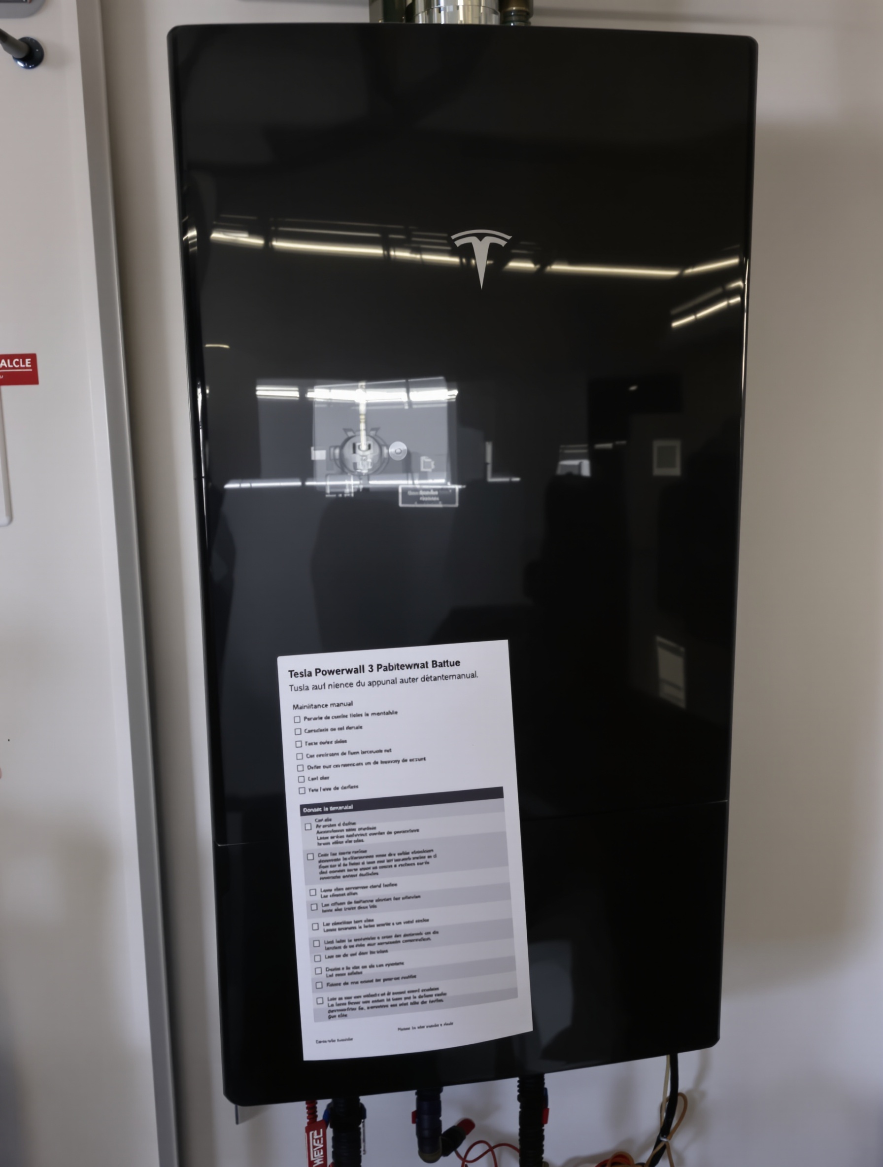 Notice d'entretien posée sur Powerwall 3 ambiance technique checklist France