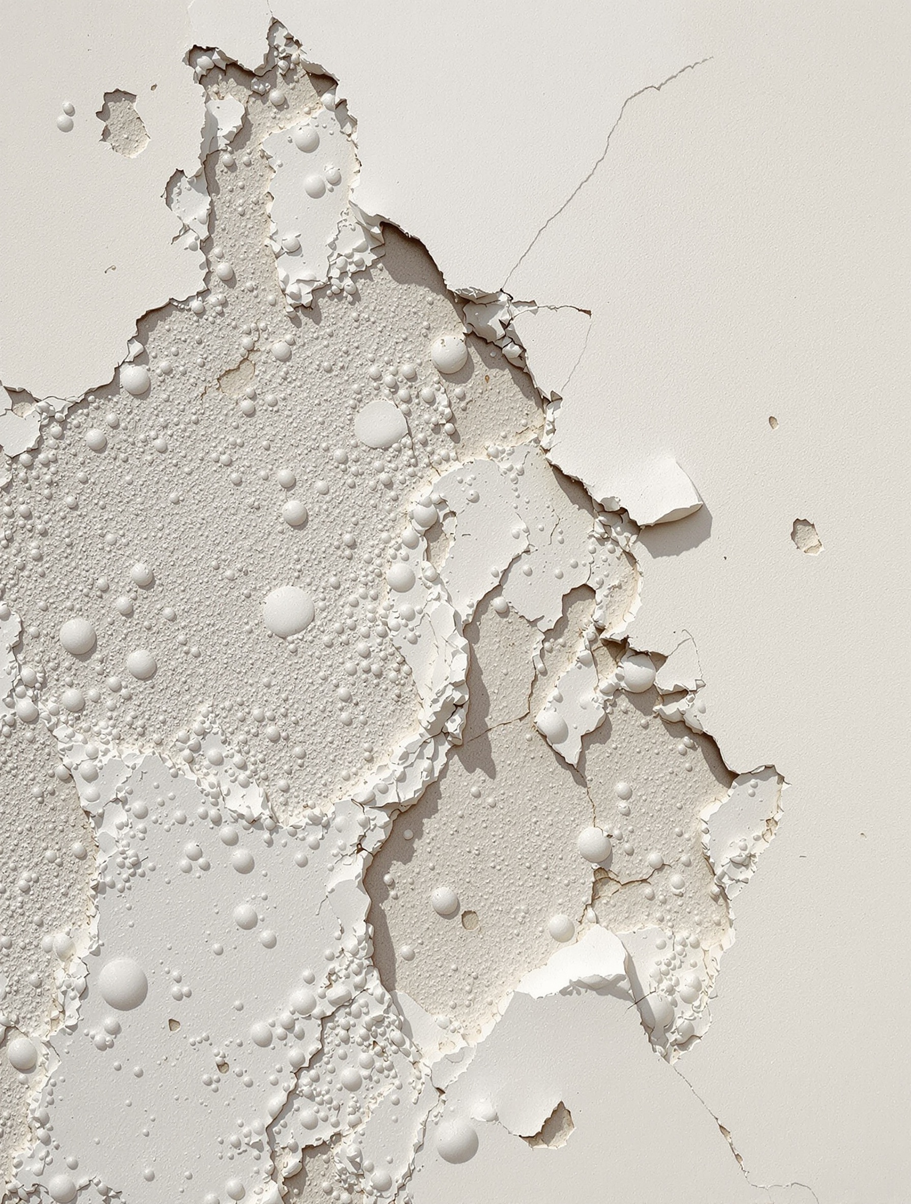 Mur peint avec bulles et craquelures – effet peau de serpent d’une peinture acrylique appliquée trop tôt.