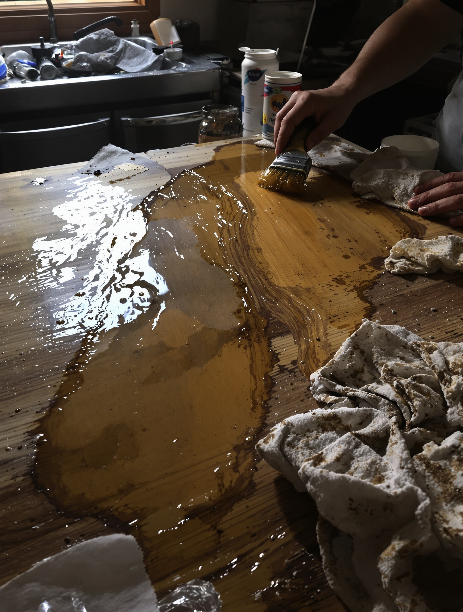 Amateur appliquant trop d'huile de lin dans des mauvaises conditions