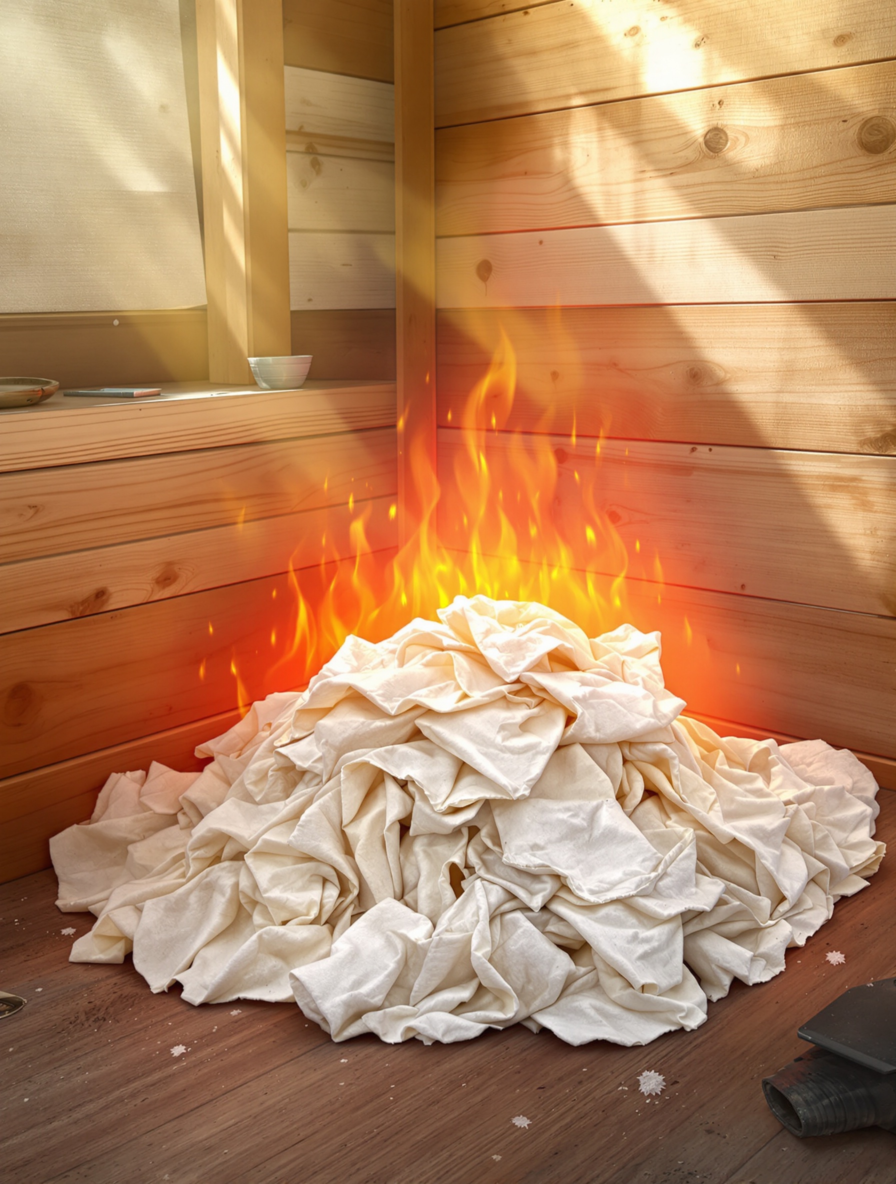 Pile de chiffons imbibés d'huile de lin illustrant un risque d'incendie dans un atelier