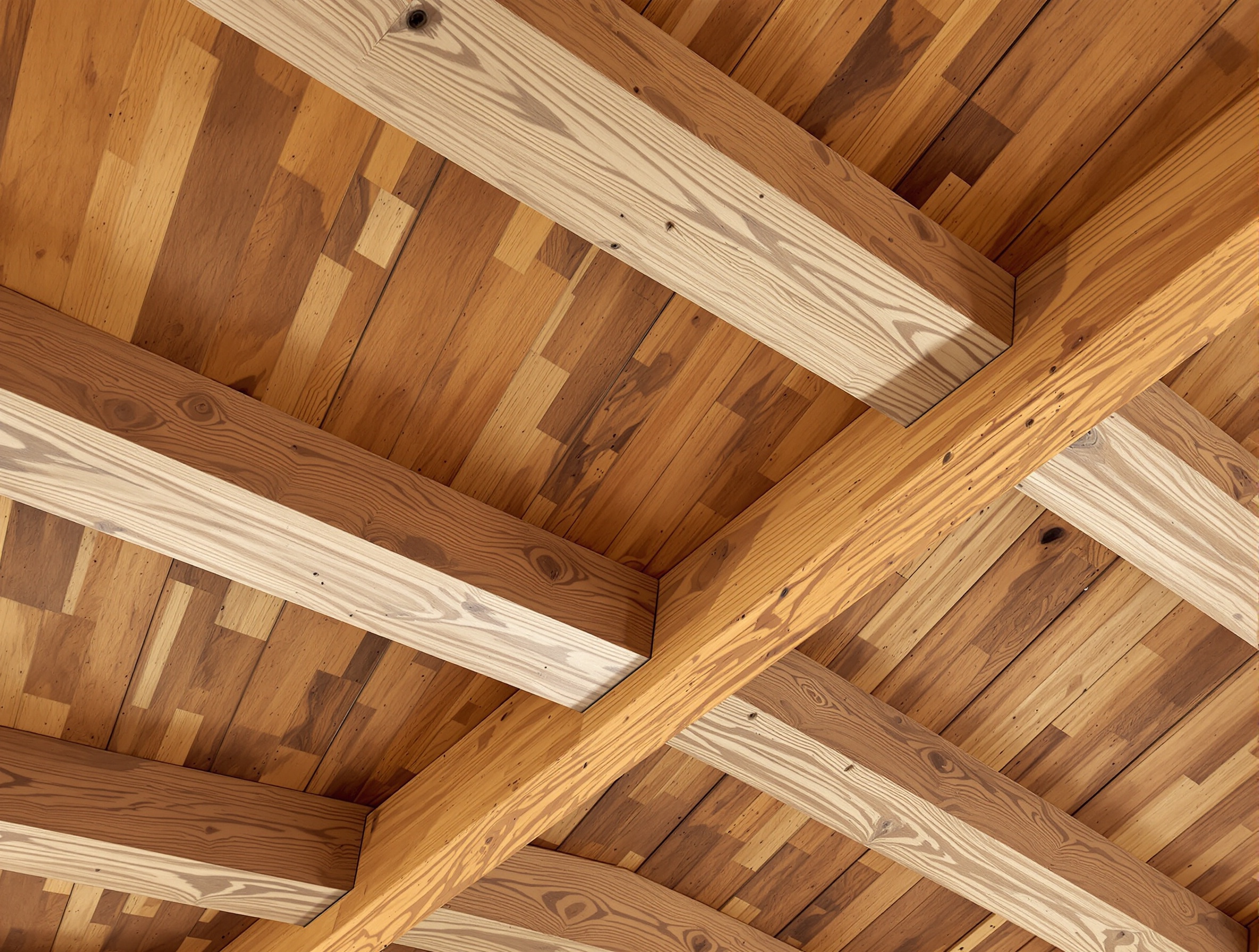 Plafond avec caissons isolants et poutres apparentes pour une isolation esthétique