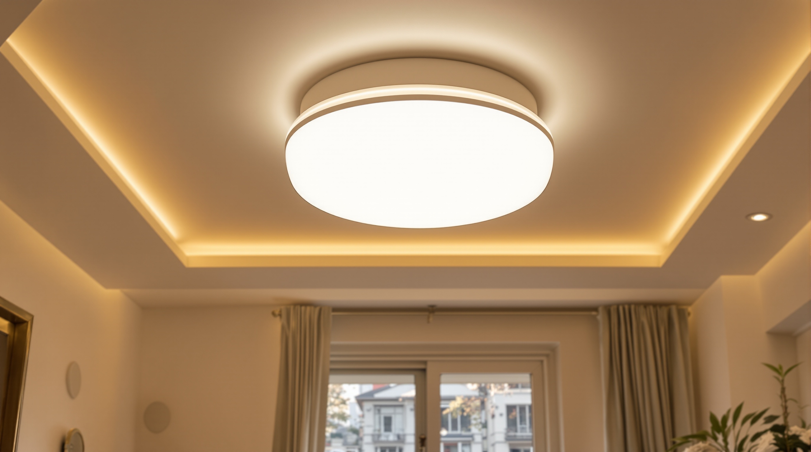 plafonnier moderne diffusant la lumière dans un salon lumineux