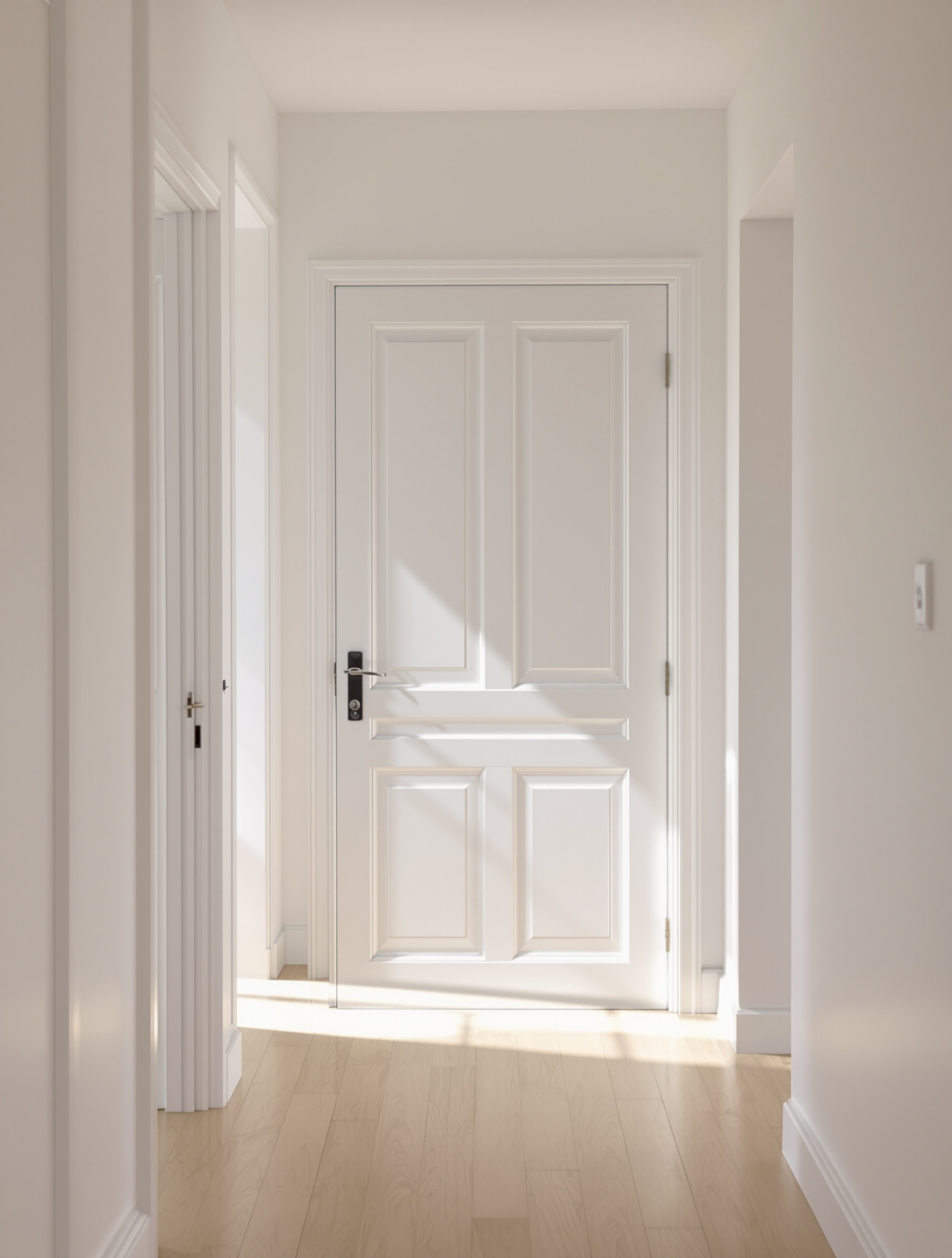 Porte intérieure blanche dans un couloir lumineux, illustrant simplicité et effet d’agrandissement.