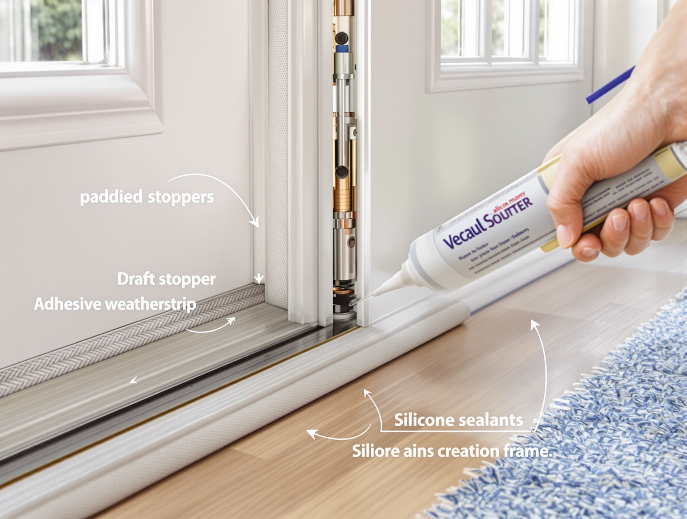Solutions de calfeutrage pour courants d'air sur porte : boudin textile, joint adhésif, brosse vissée, silicone sur embrasure