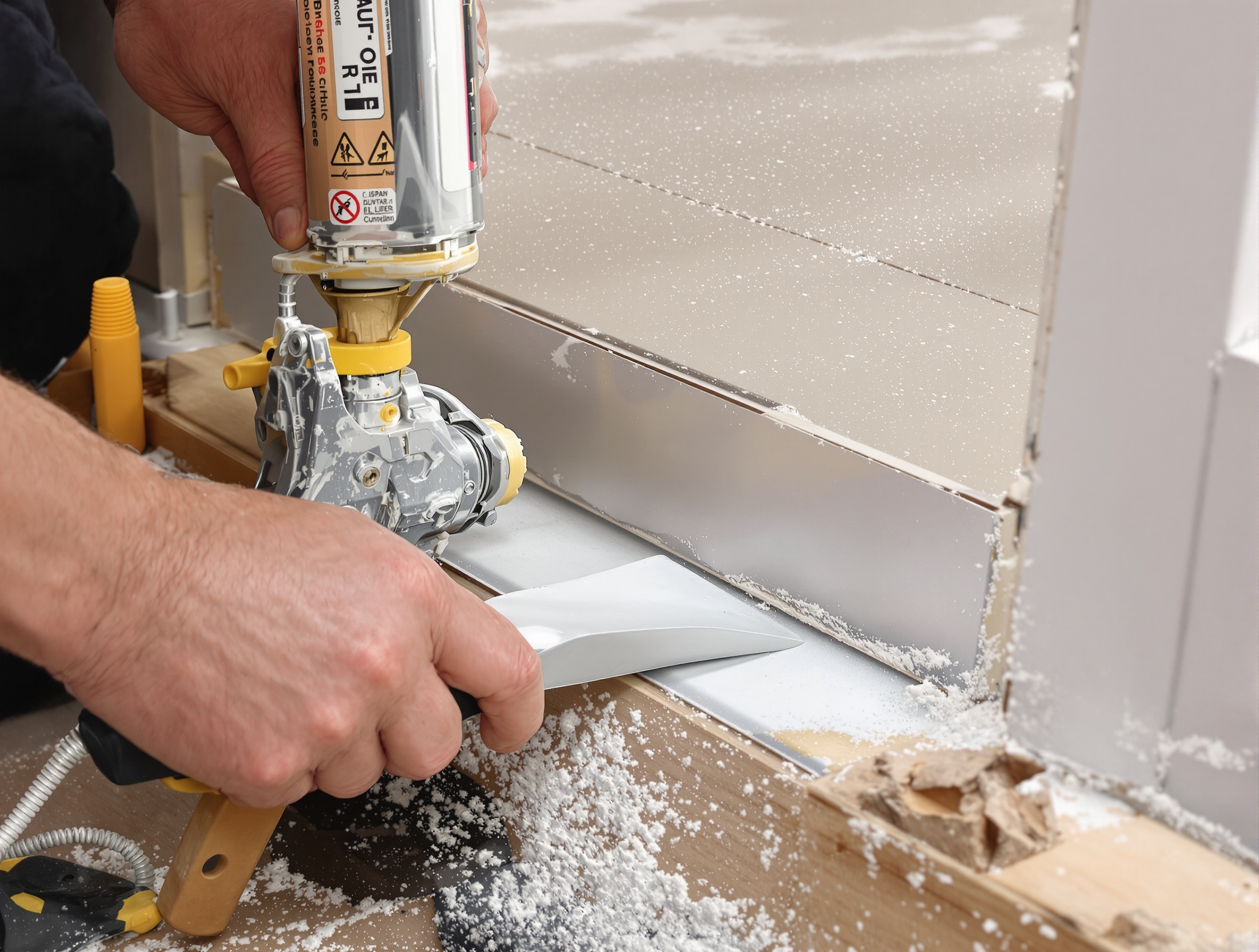 Pose d'un fond de joint et application de mastic sous un seuil