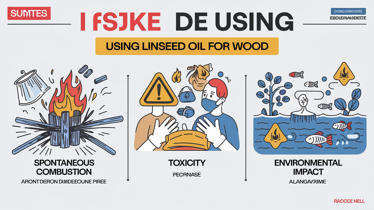 Résumé visuel des risques de l'huile de lin : combustion spontanée, toxicité, impact environnemental