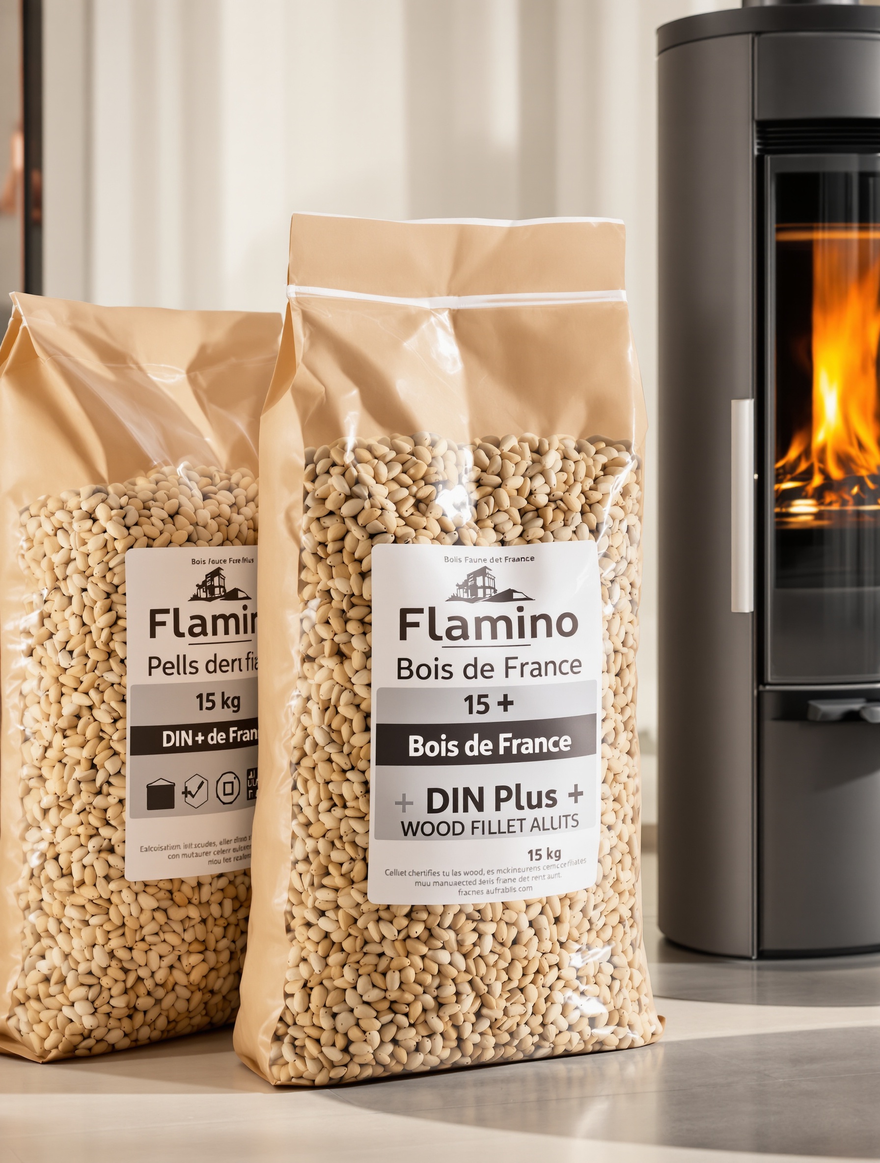 Sacs de granulés Flamino ouverts avec étiquette DINplus et Bois de France bien visibles