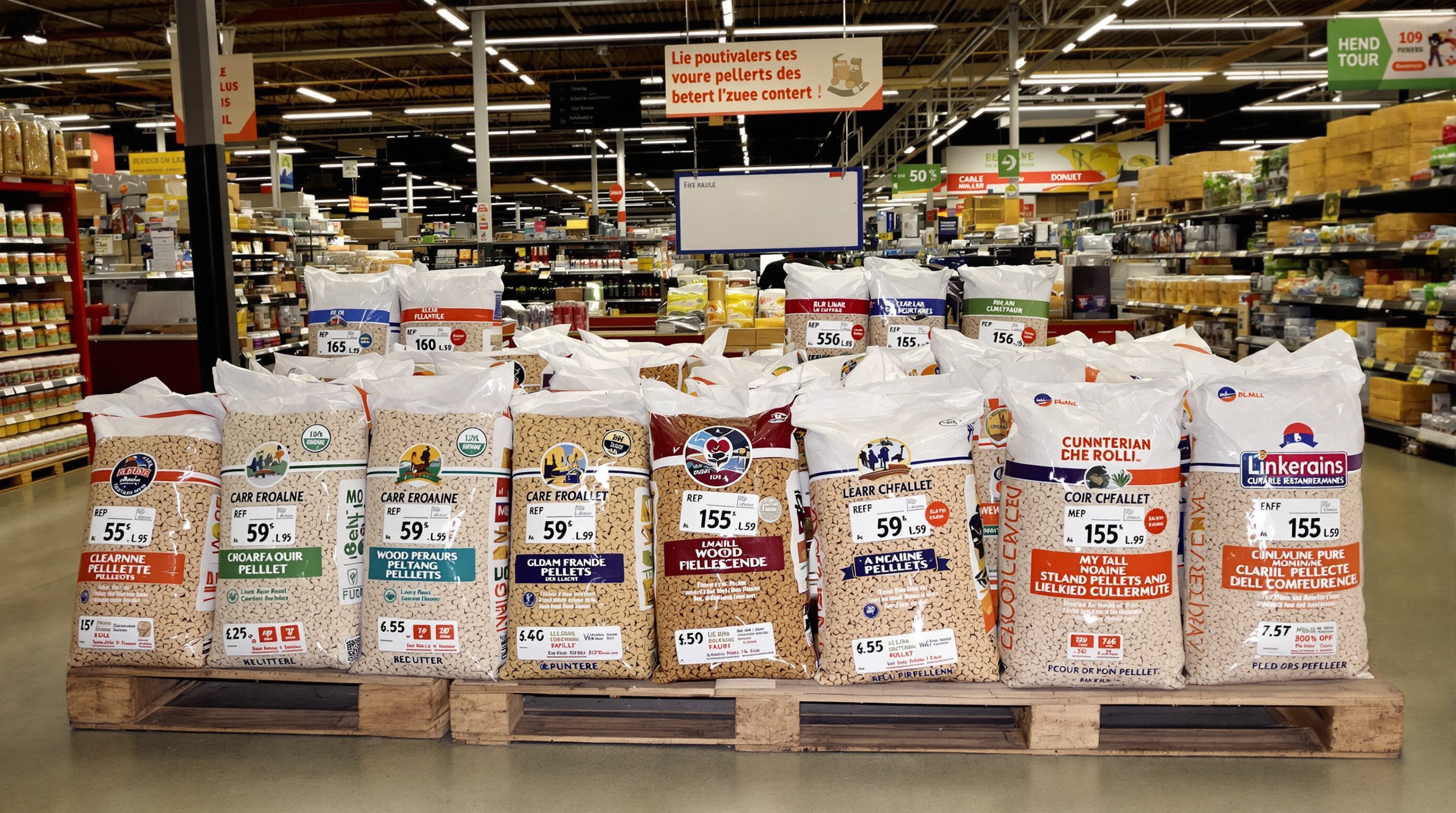 Exemple de sacs de pellets de différentes marques disponibles dans les grandes enseignes de distribution en Bretagne.