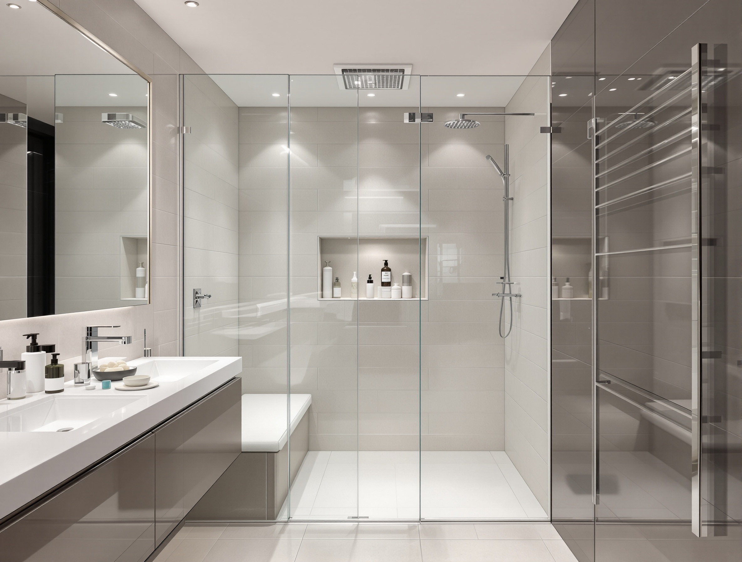 Salle de bain moderne sans fenêtre éclairée spots LED et VMC