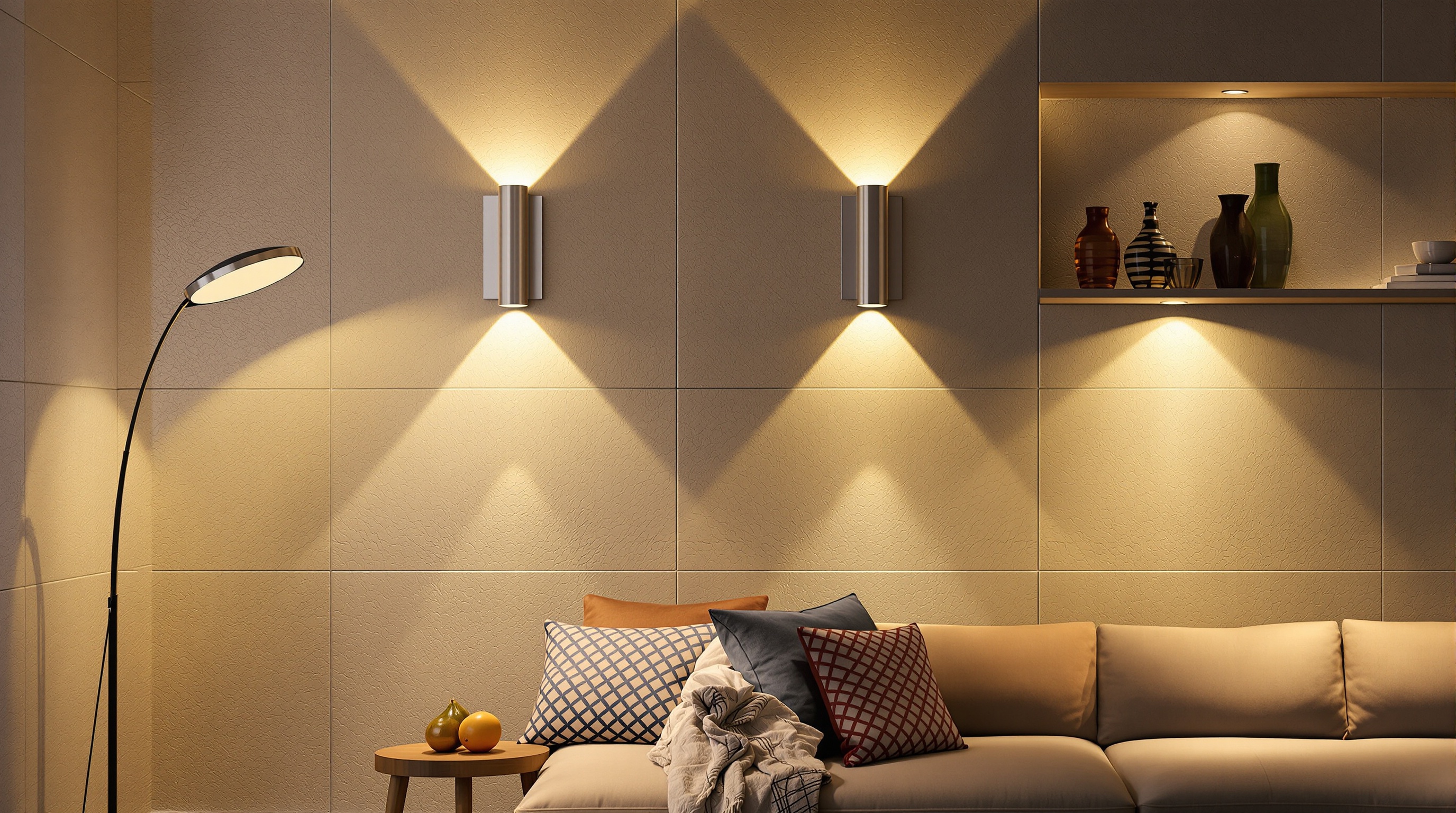 Salon contemporain avec lampadaire arqué, appliques murales et éclairage accentuation.