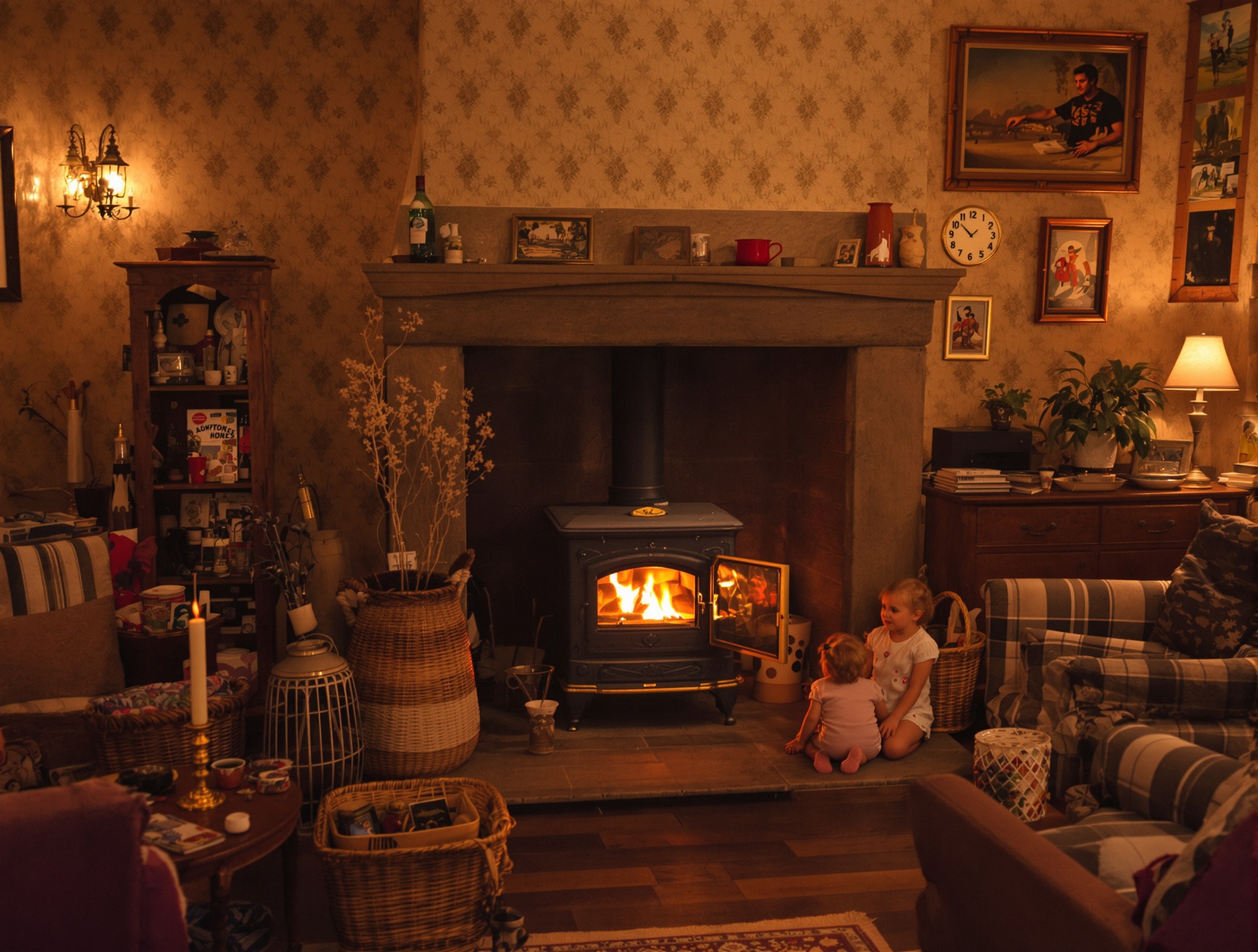 Ambiance chaleureuse et rustique dans un salon avec un vieux poêle à bois en fonte allumé.