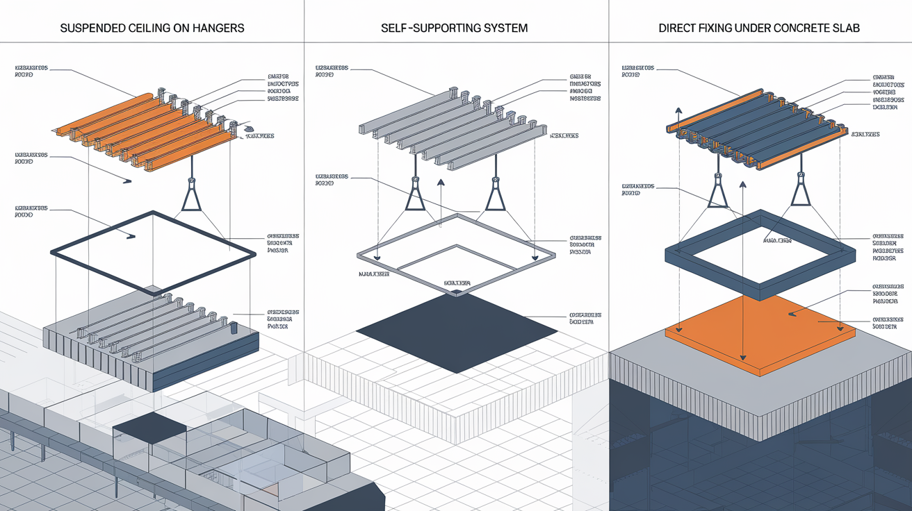 Schéma comparatif des ossatures pour plafond béton : suspentes, autoportant et fixation directe